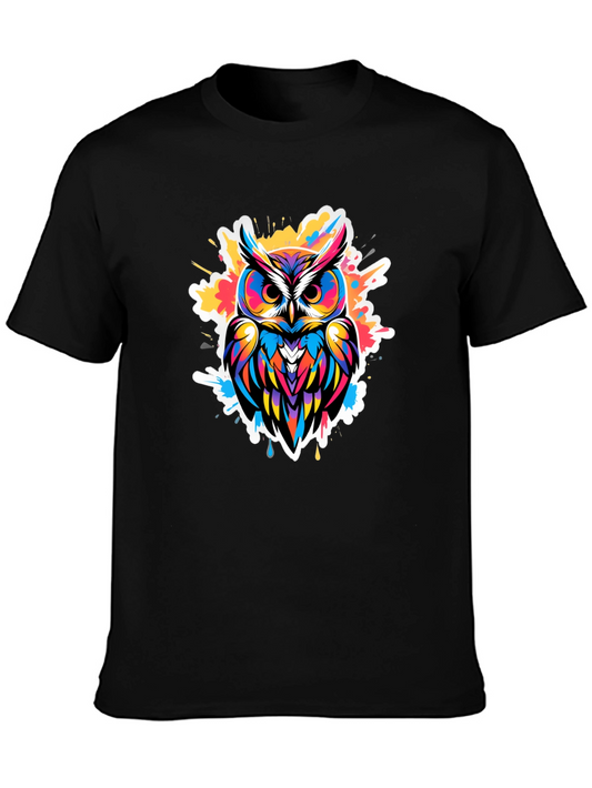 Vibrant Owl Graphic Tee - Black Cotton Blend