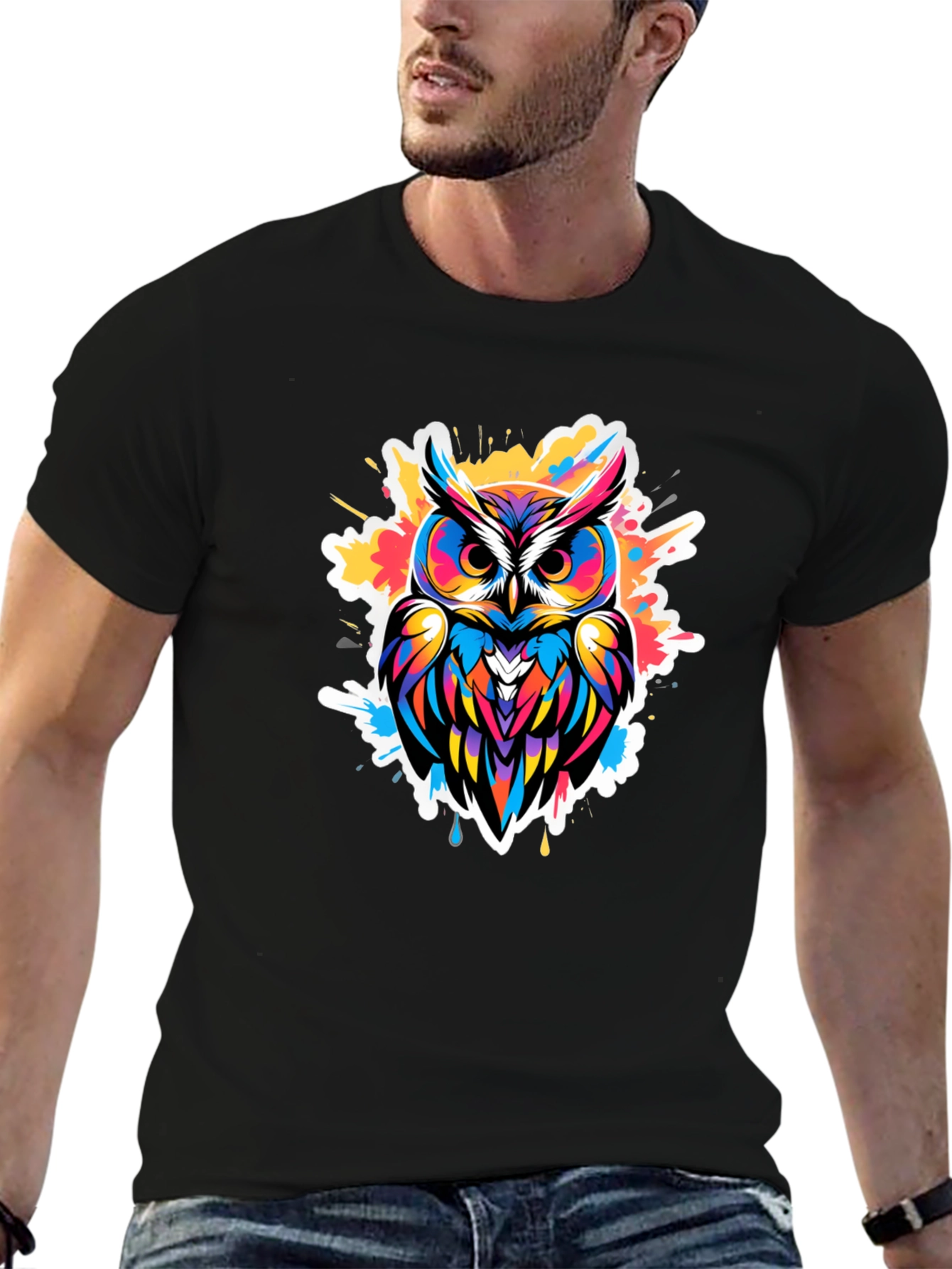 Vibrant Owl Graphic Tee - Black Cotton Blend