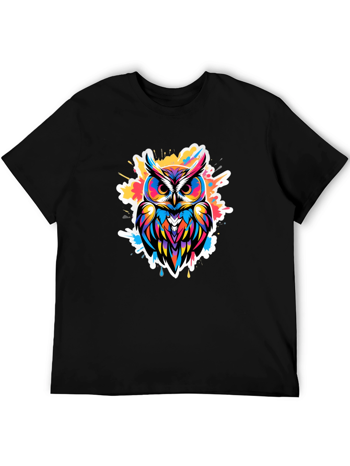 Vibrant Owl Graphic Tee - Black Cotton Blend