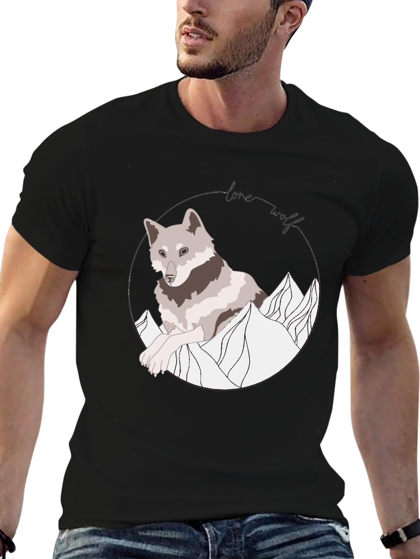 Lone Wolf Graphic Tee - Mountain Design Black Shirt