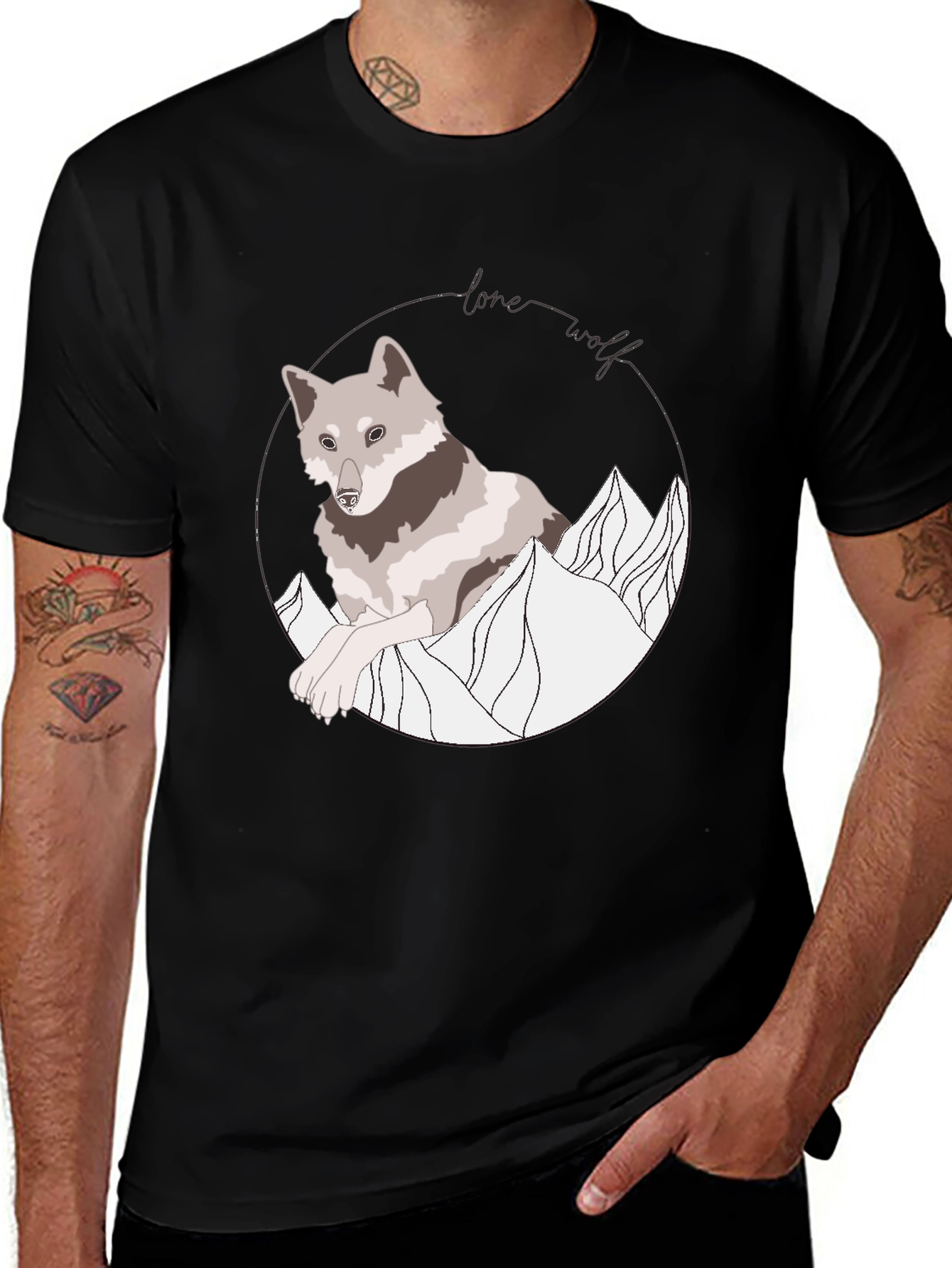Lone Wolf Graphic Tee - Mountain Design Black Shirt