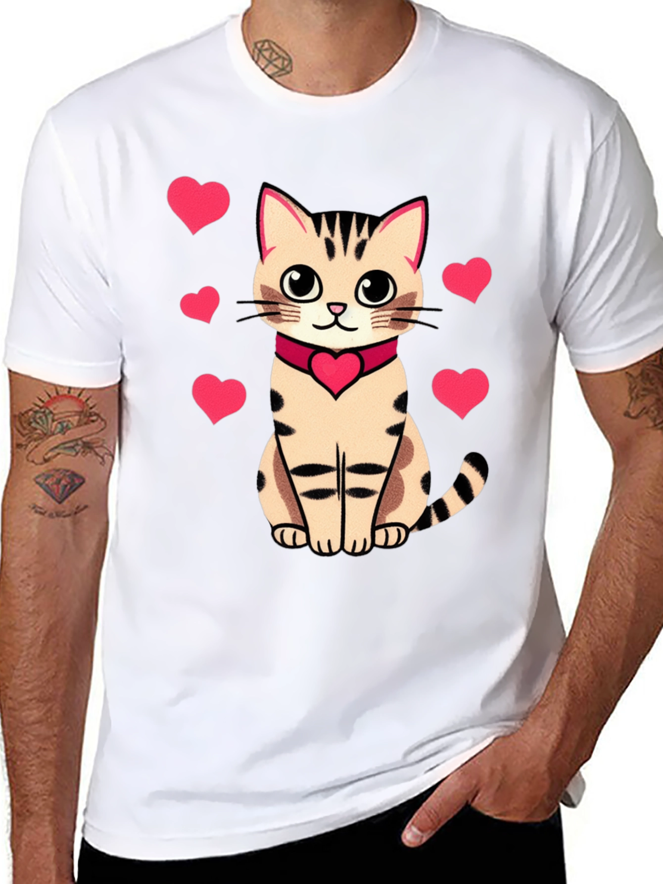 Cute Cat with Hearts Graphic Tee - Black