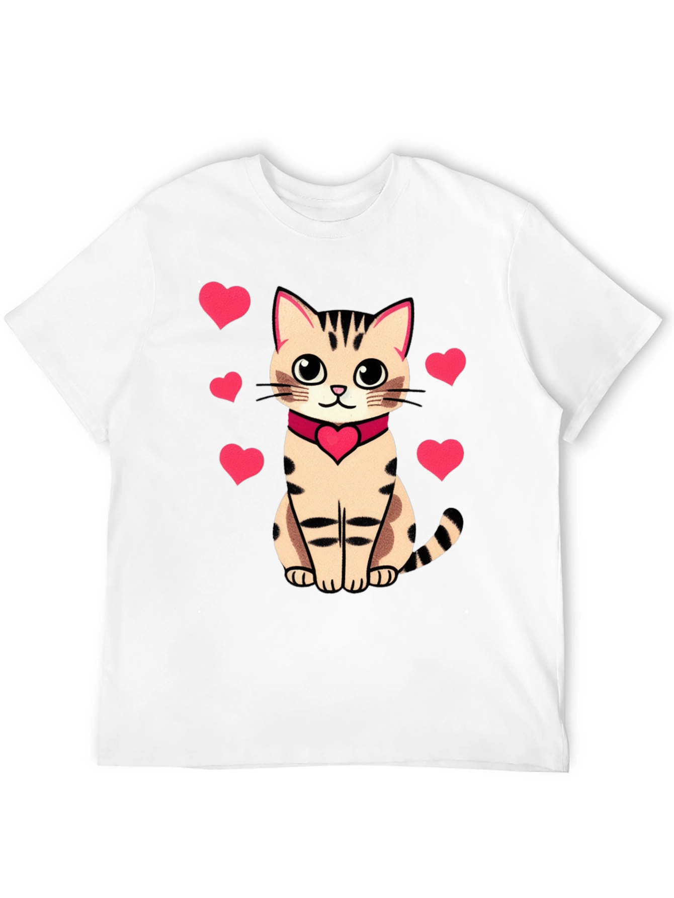 Cute Cat with Hearts Graphic Tee - Black