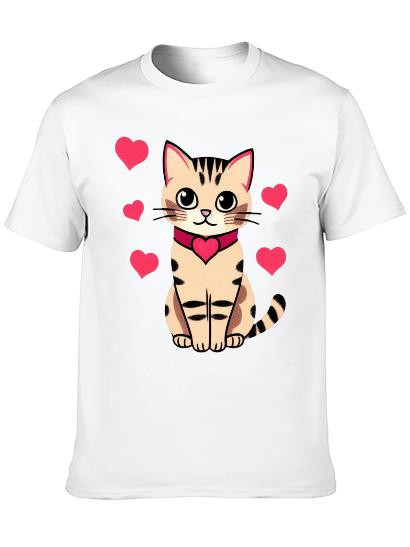 Cute Cat with Hearts Graphic Tee - Black
