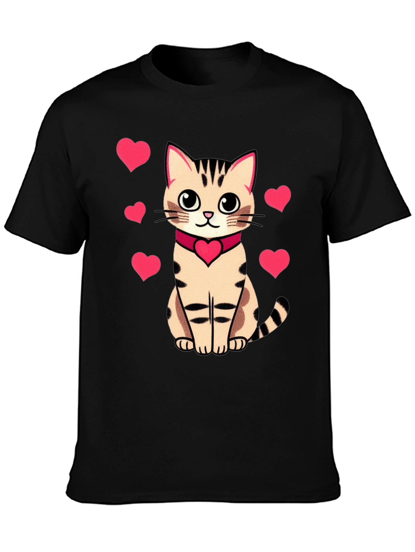Cute Cat with Hearts Graphic Tee - Black