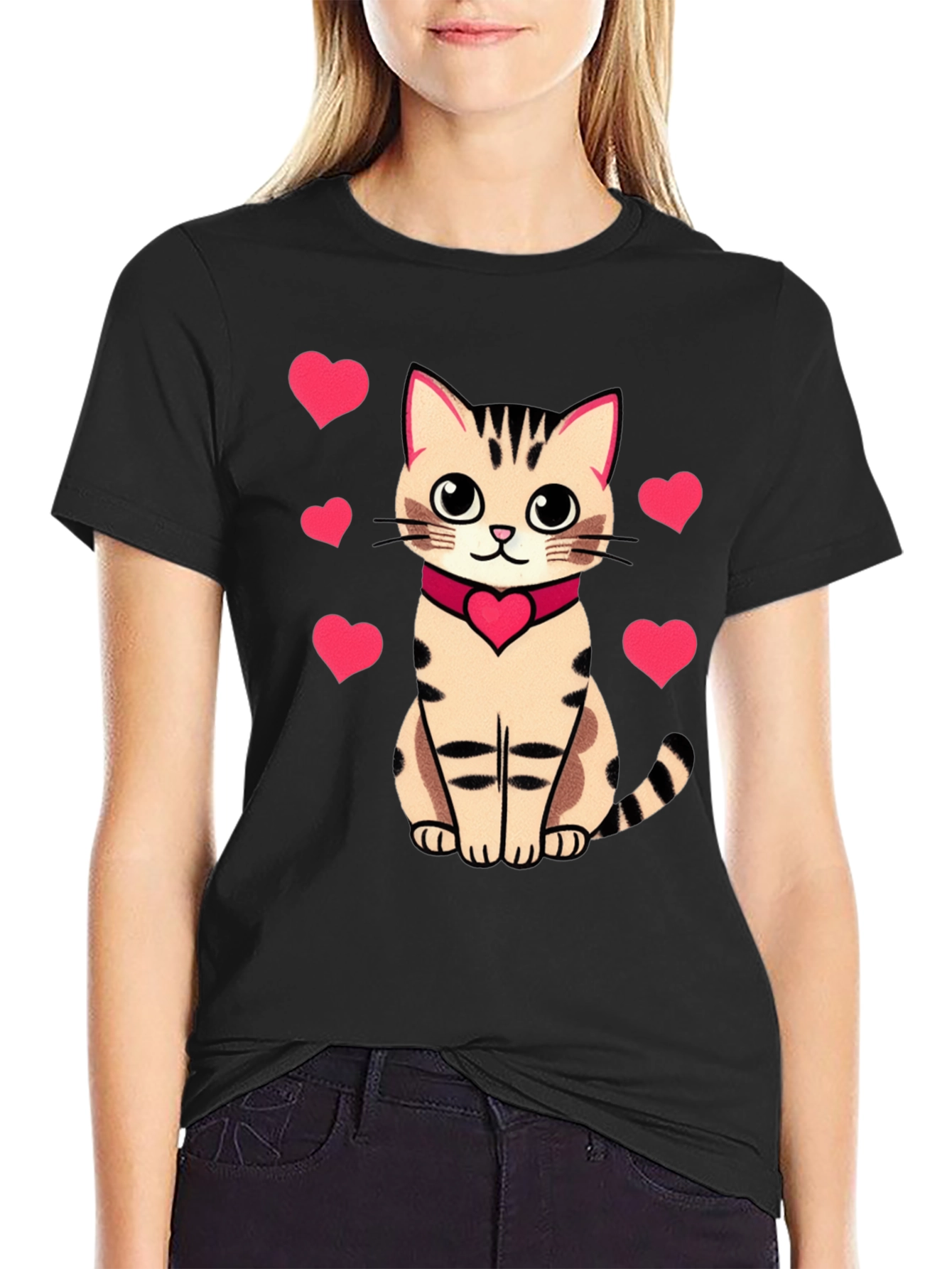 Cute Cat with Hearts Graphic Tee - Black