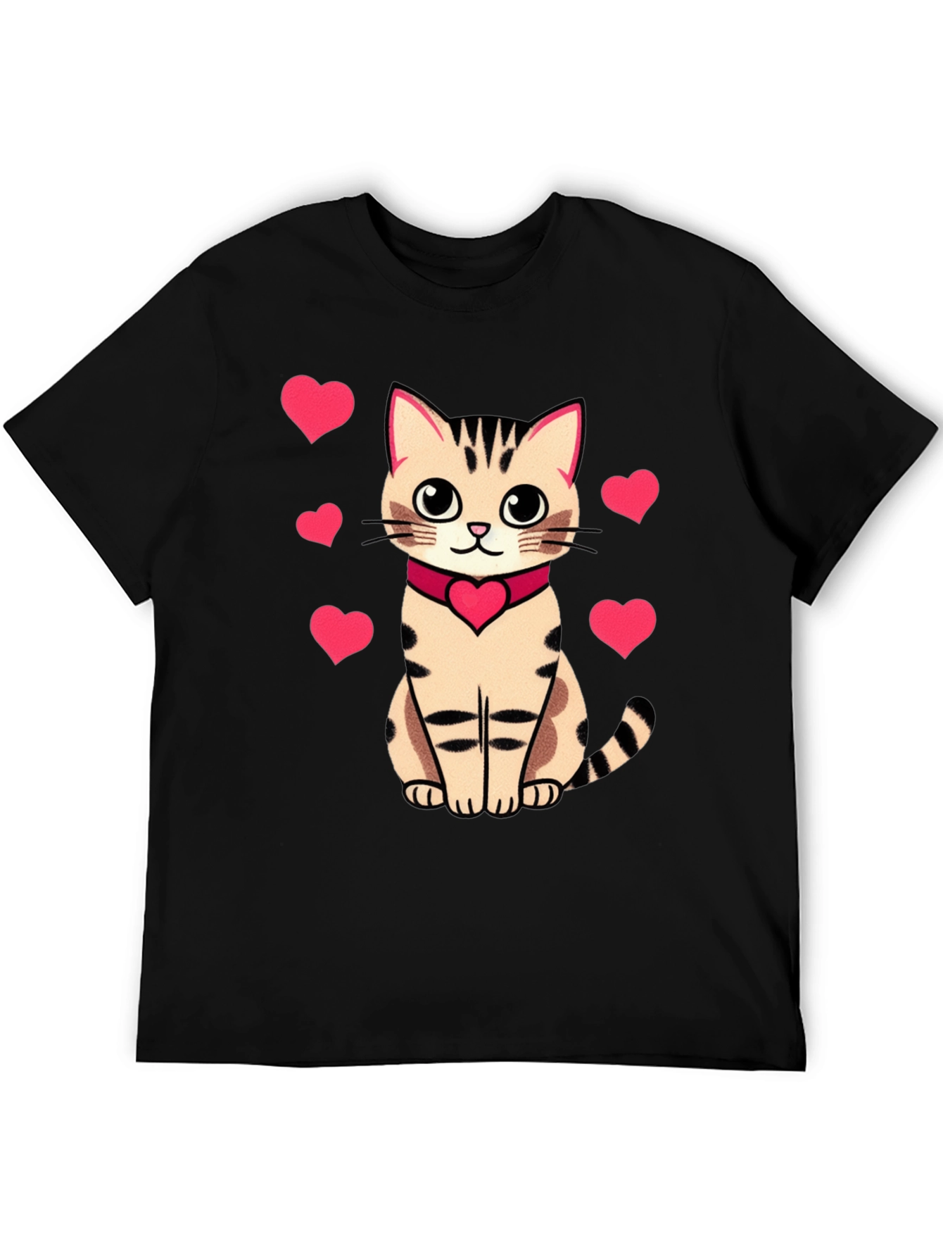 Cute Cat with Hearts Graphic Tee - Black