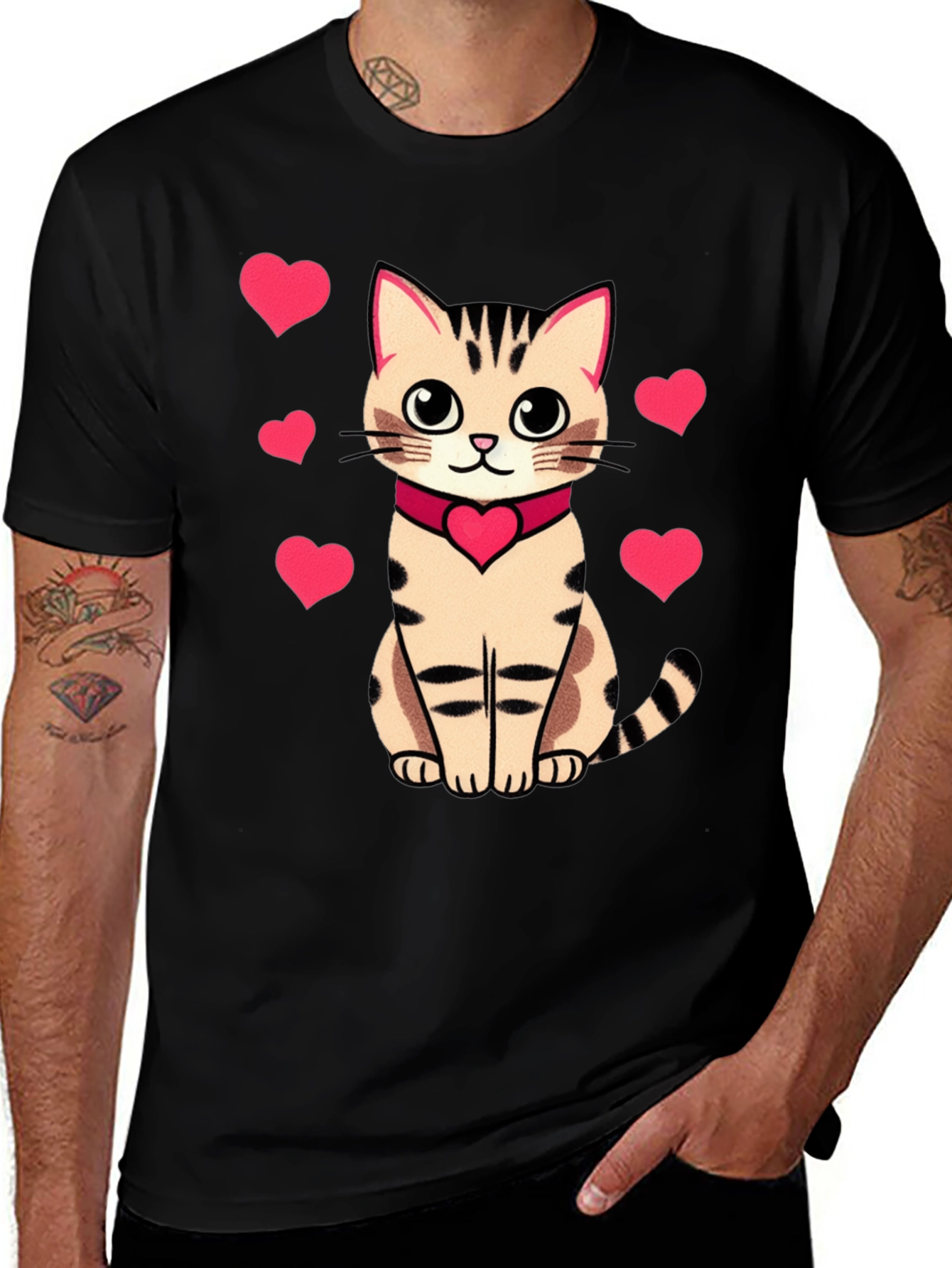 Cute Cat with Hearts Graphic Tee - Black