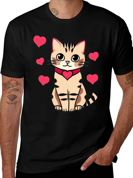 Cute Cat with Hearts Graphic Tee - Black