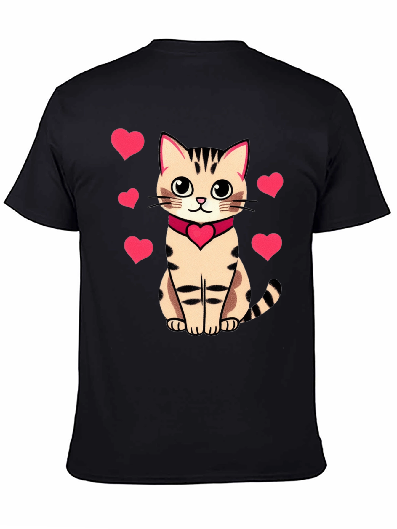 Cute Cat with Hearts Graphic Tee - Black