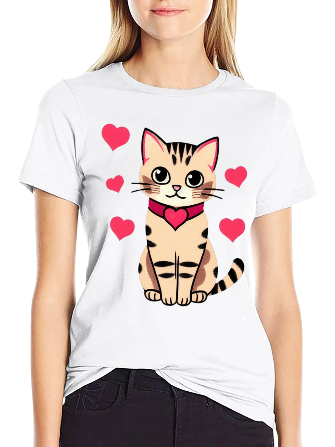 Cute Cat with Hearts Graphic Tee - Black