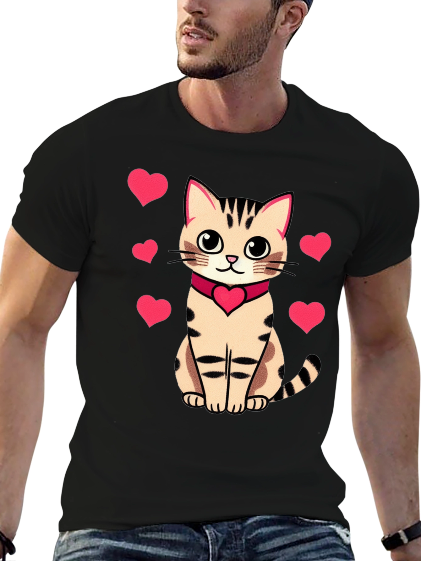 Cute Cat with Hearts Graphic Tee - Black