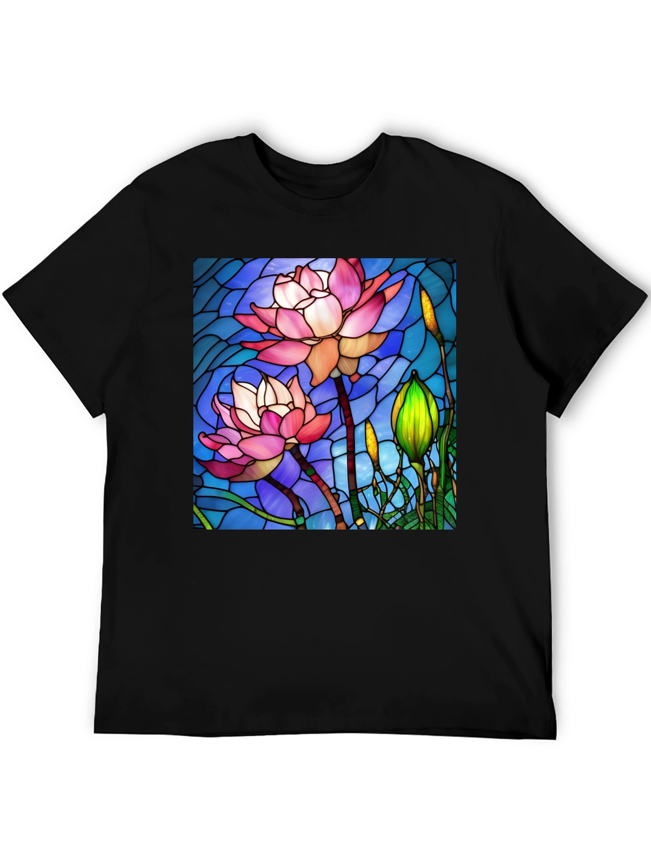 Lotus Flower Stained Glass Style Black T-Shirt