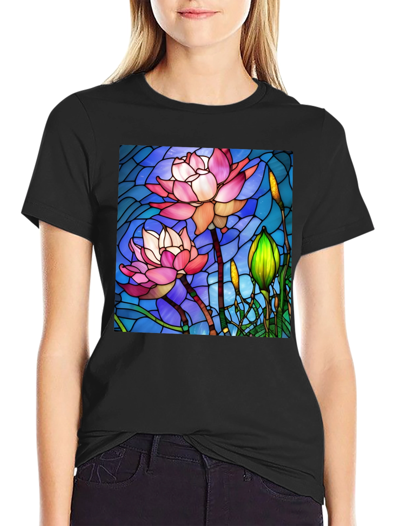 Lotus Flower Stained Glass Style Black T-Shirt