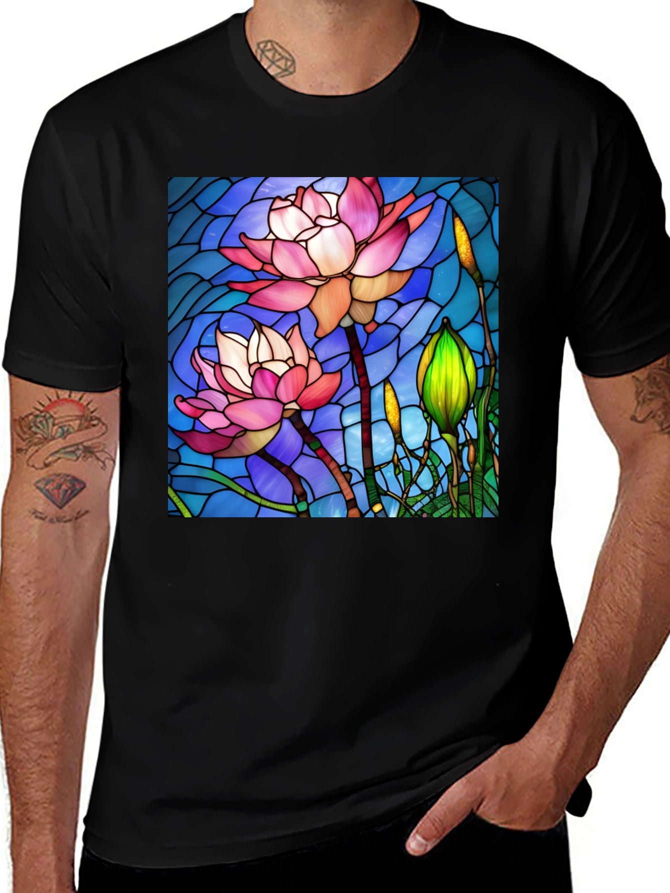 Lotus Flower Stained Glass Style Black T-Shirt