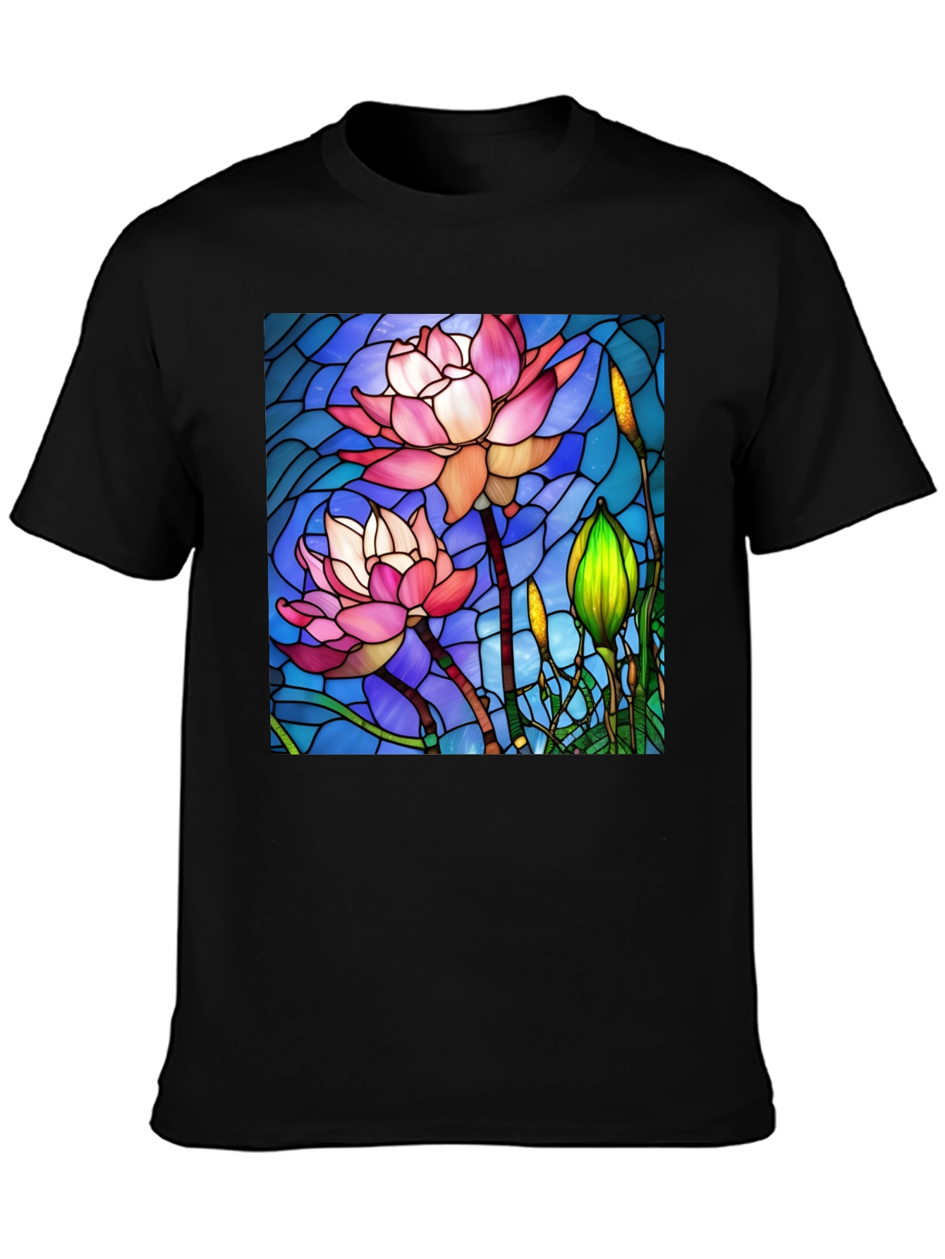 Lotus Flower Stained Glass Style Black T-Shirt