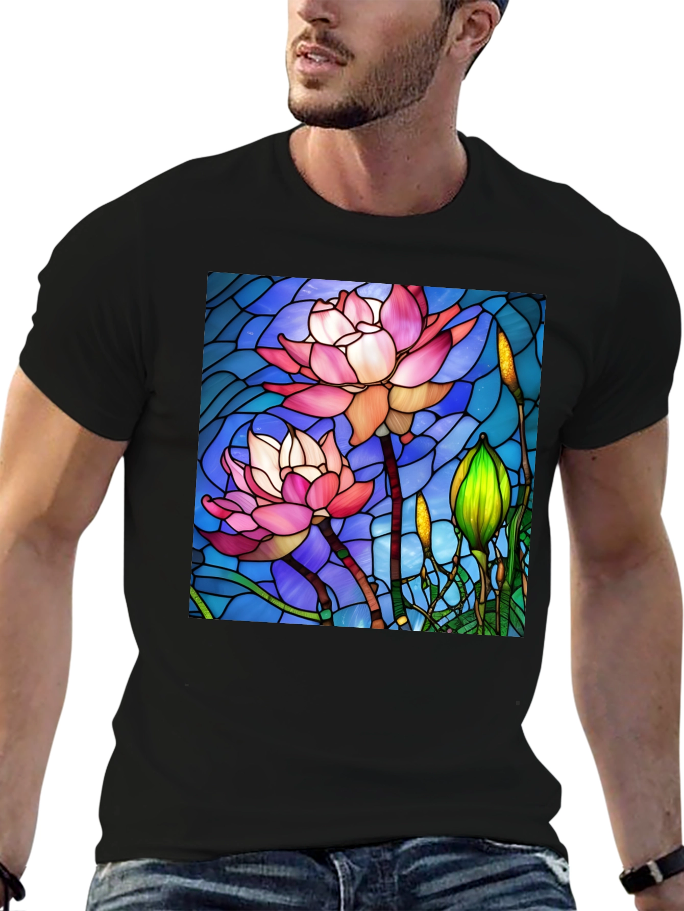 Lotus Flower Stained Glass Style Black T-Shirt