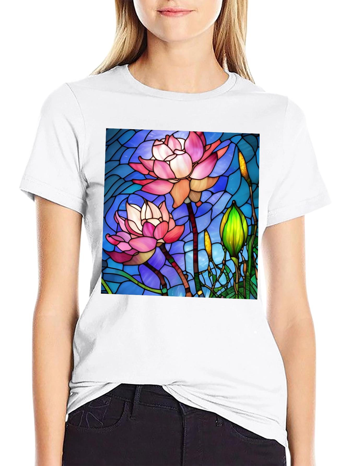 Lotus Flower Stained Glass Style Black T-Shirt