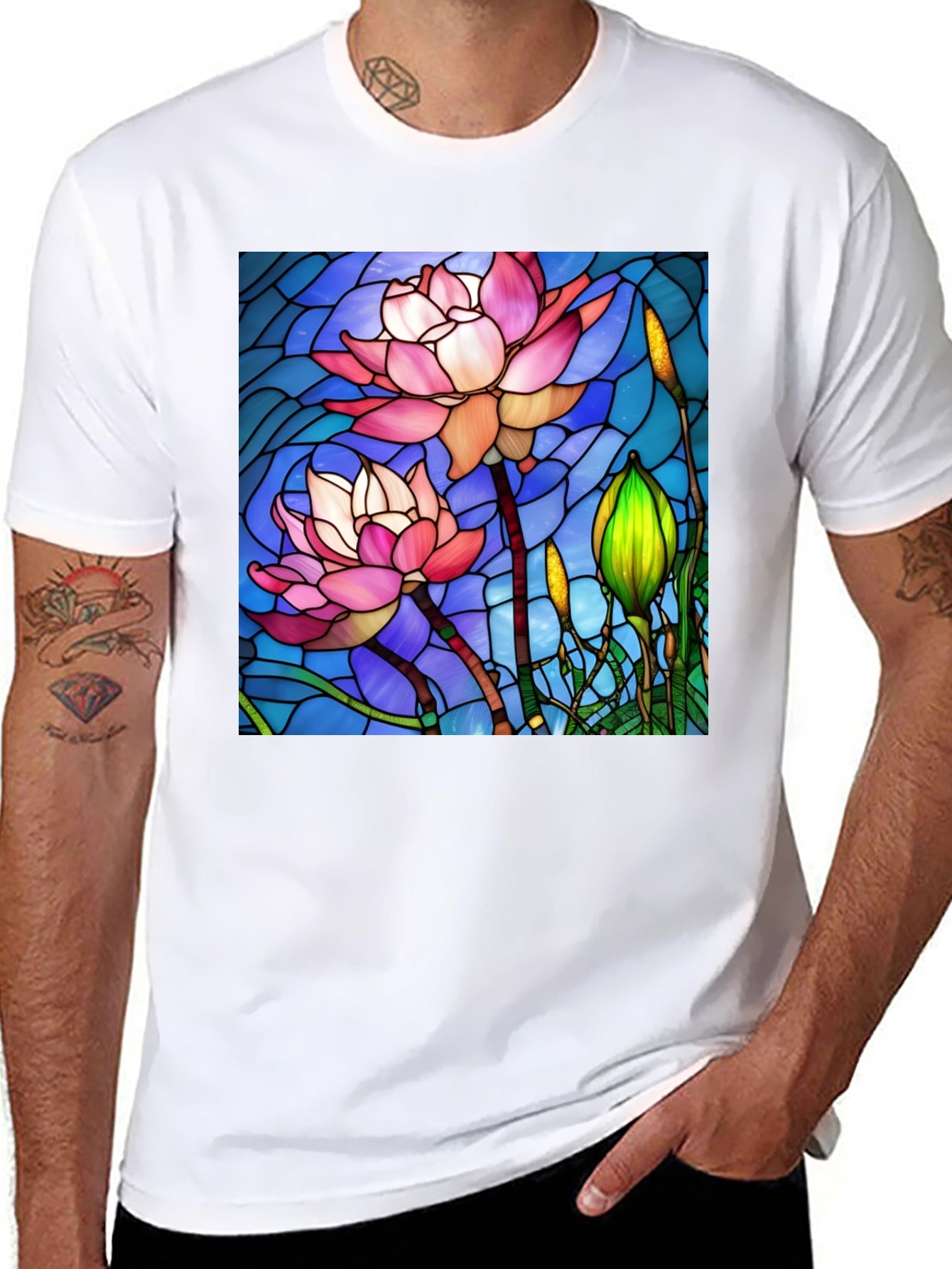Lotus Flower Stained Glass Style Black T-Shirt