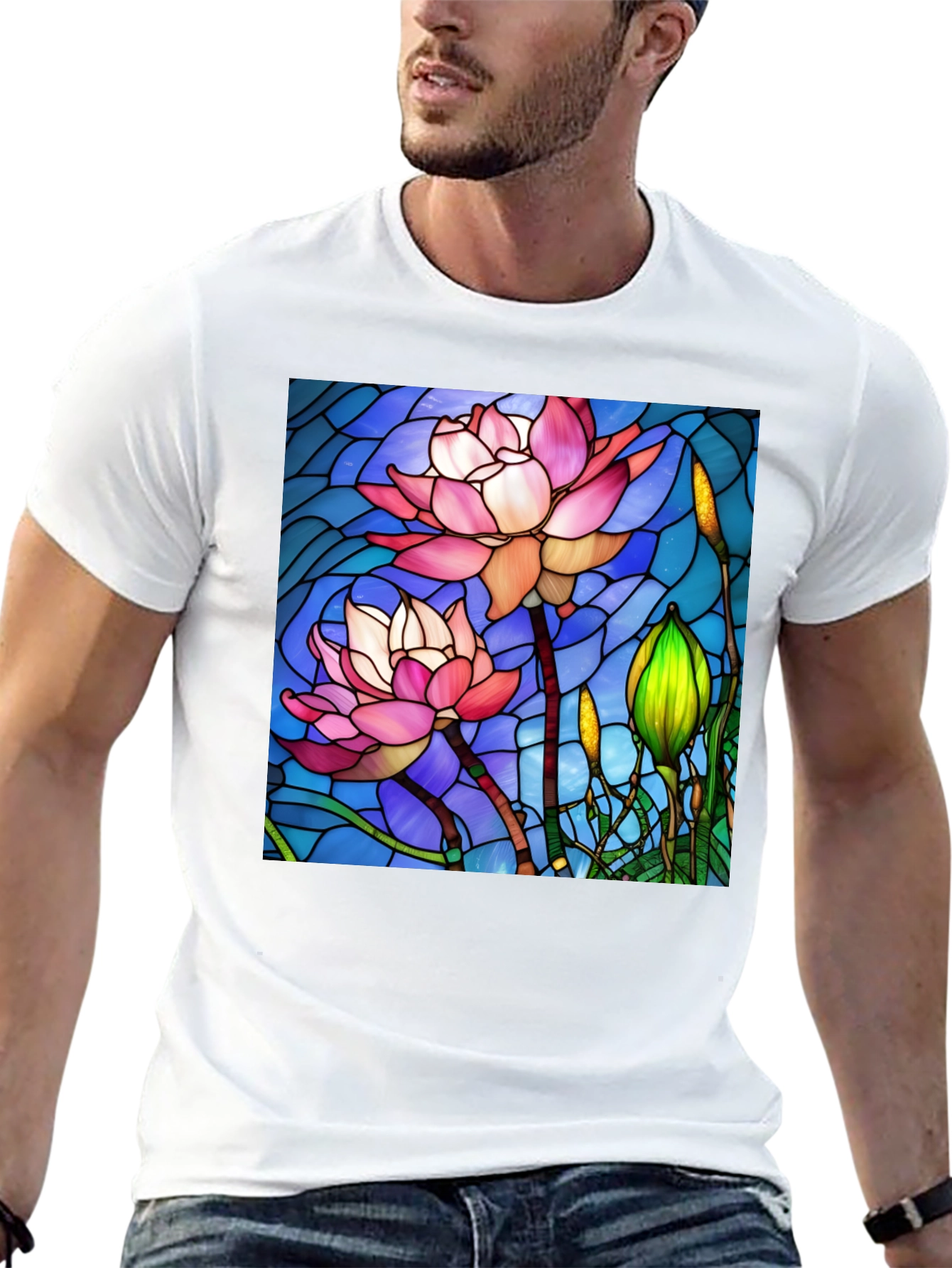 Lotus Flower Stained Glass Style Black T-Shirt
