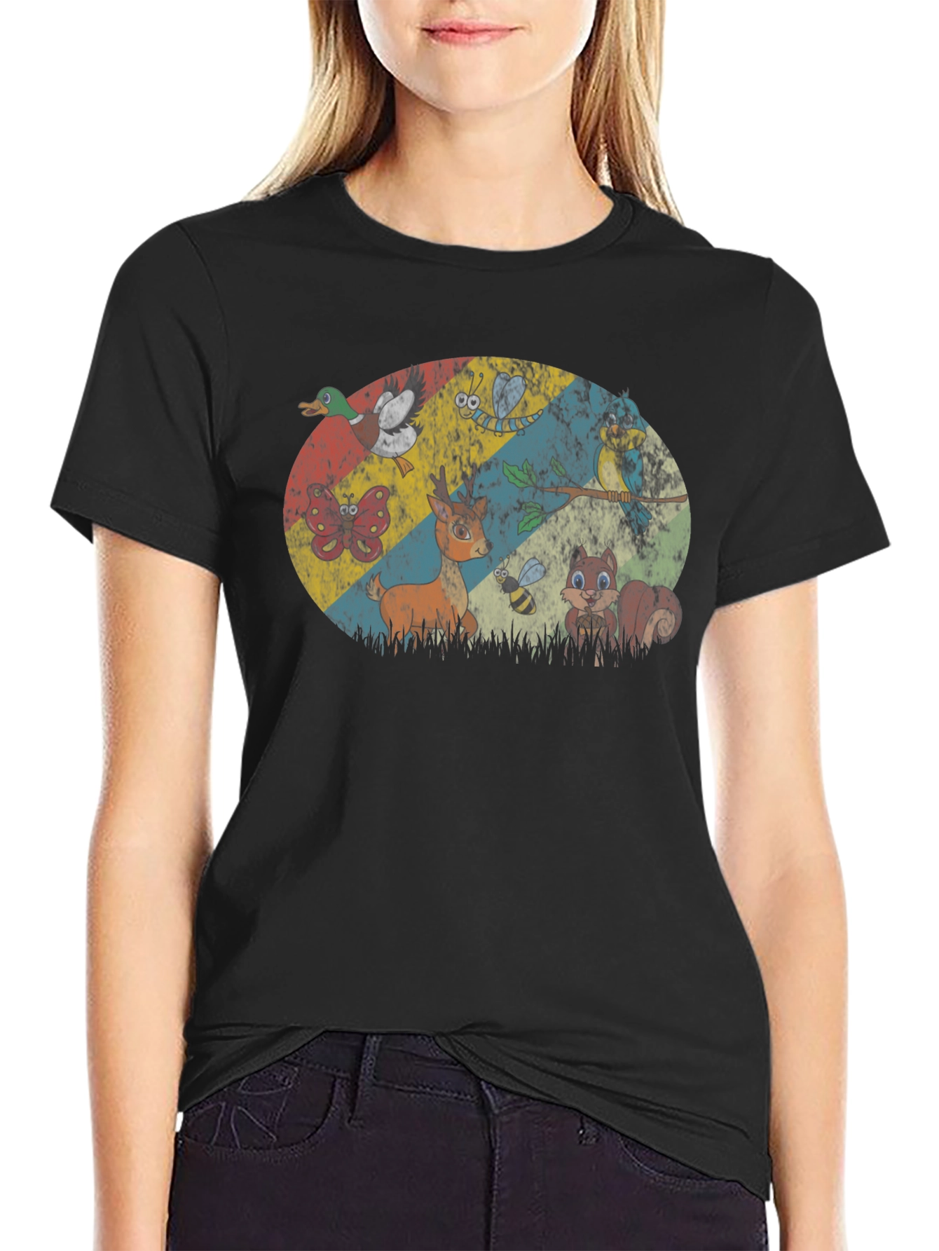 Retro Animals Graphic Print Black T-Shirt