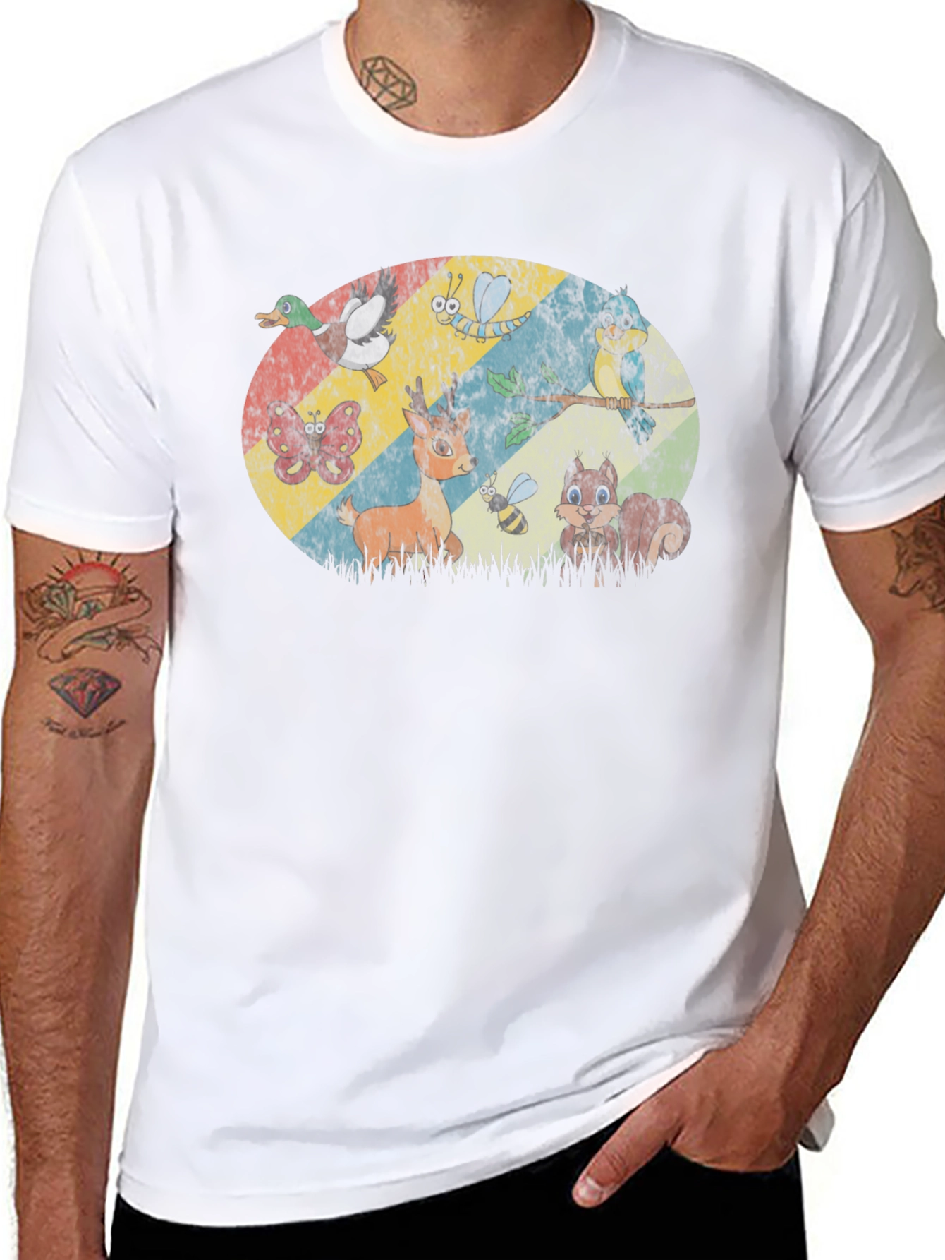 Retro Animals Graphic Print Black T-Shirt