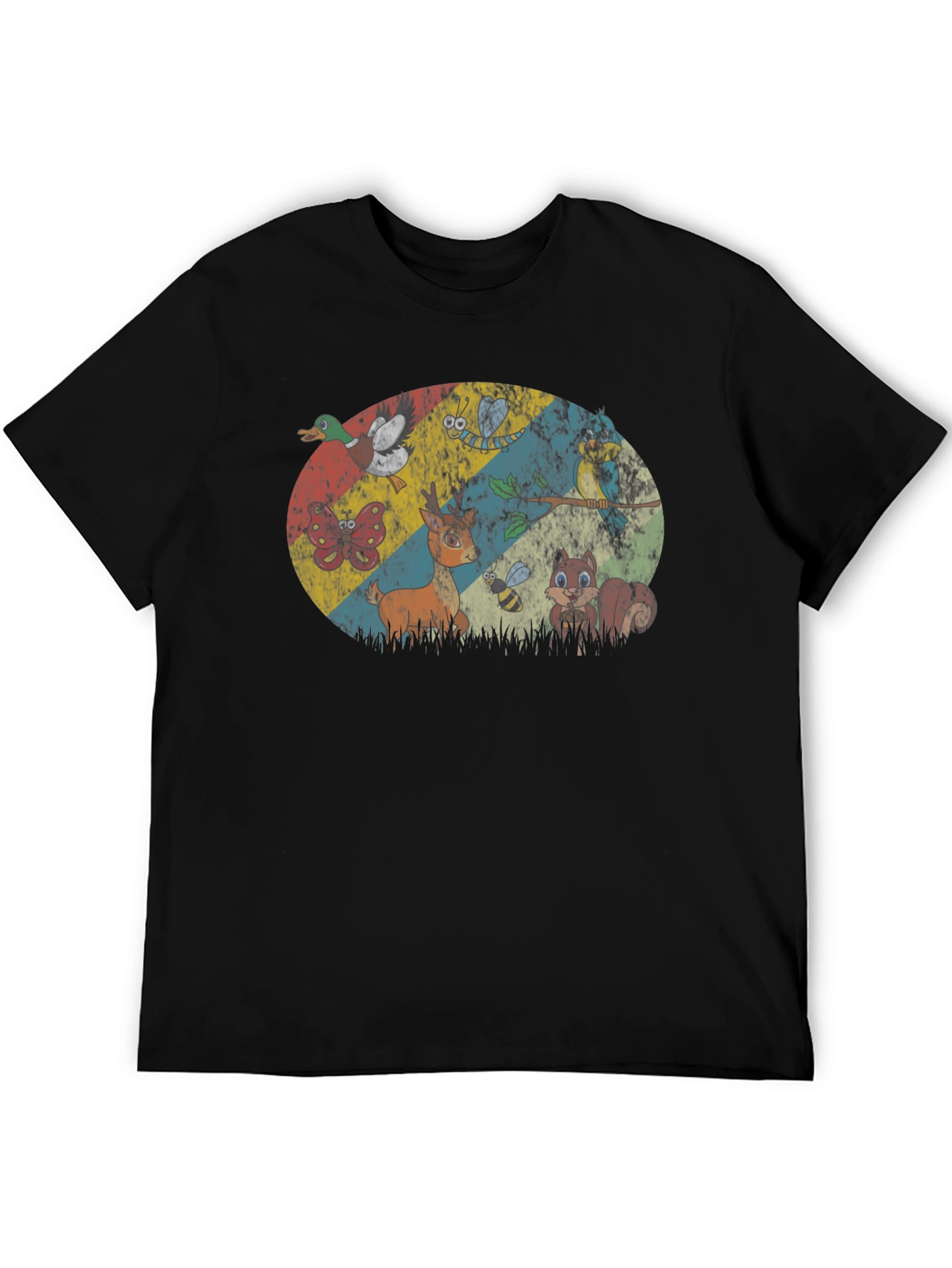 Retro Animals Graphic Print Black T-Shirt