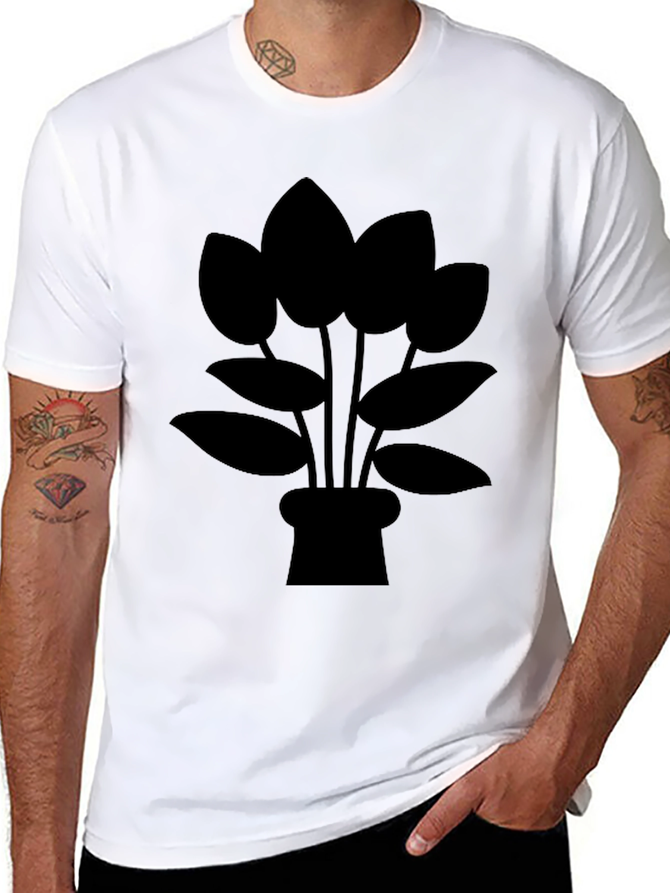 Black T-Shirt with Potted Plant Graphic