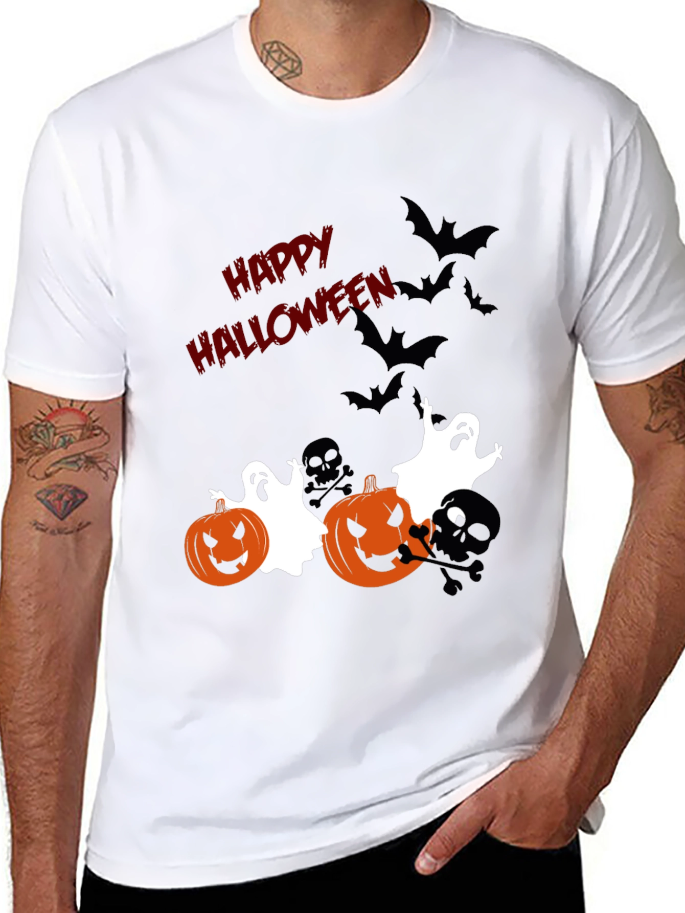 Halloween Graphic Tee: Pumpkins Ghosts Bats Scary Fun!