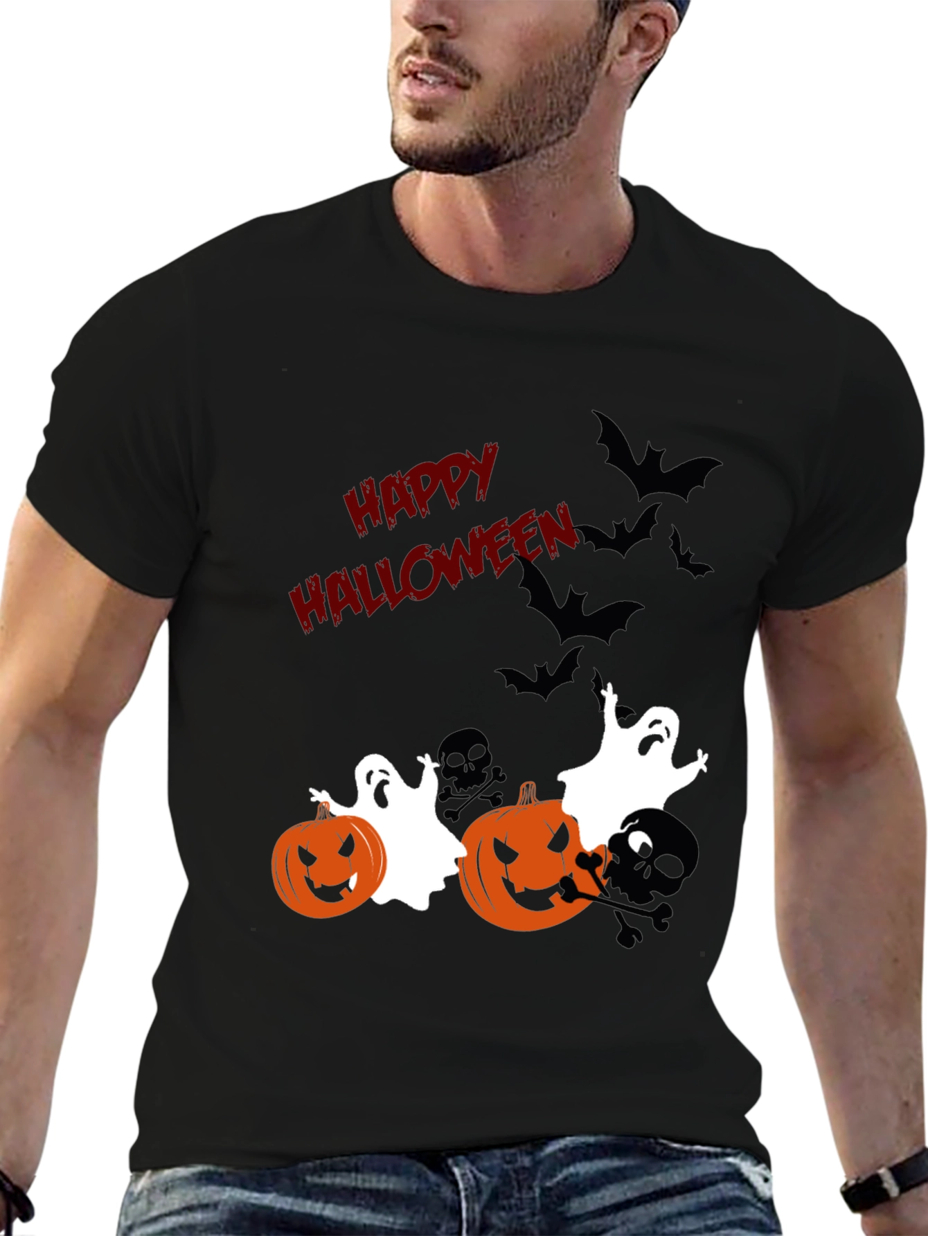 Halloween Graphic Tee: Pumpkins Ghosts Bats Scary Fun!
