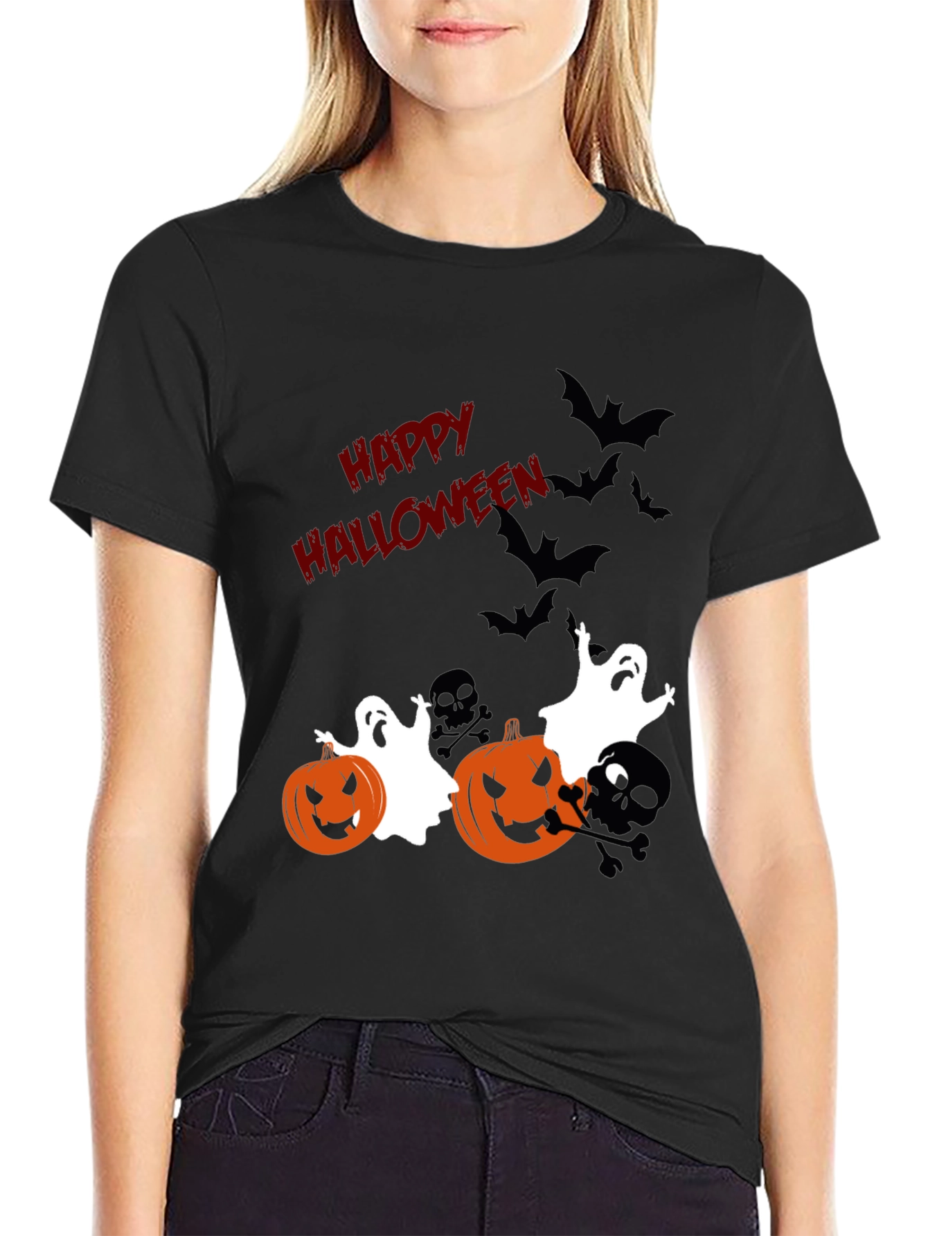 Halloween Graphic Tee: Pumpkins Ghosts Bats Scary Fun!