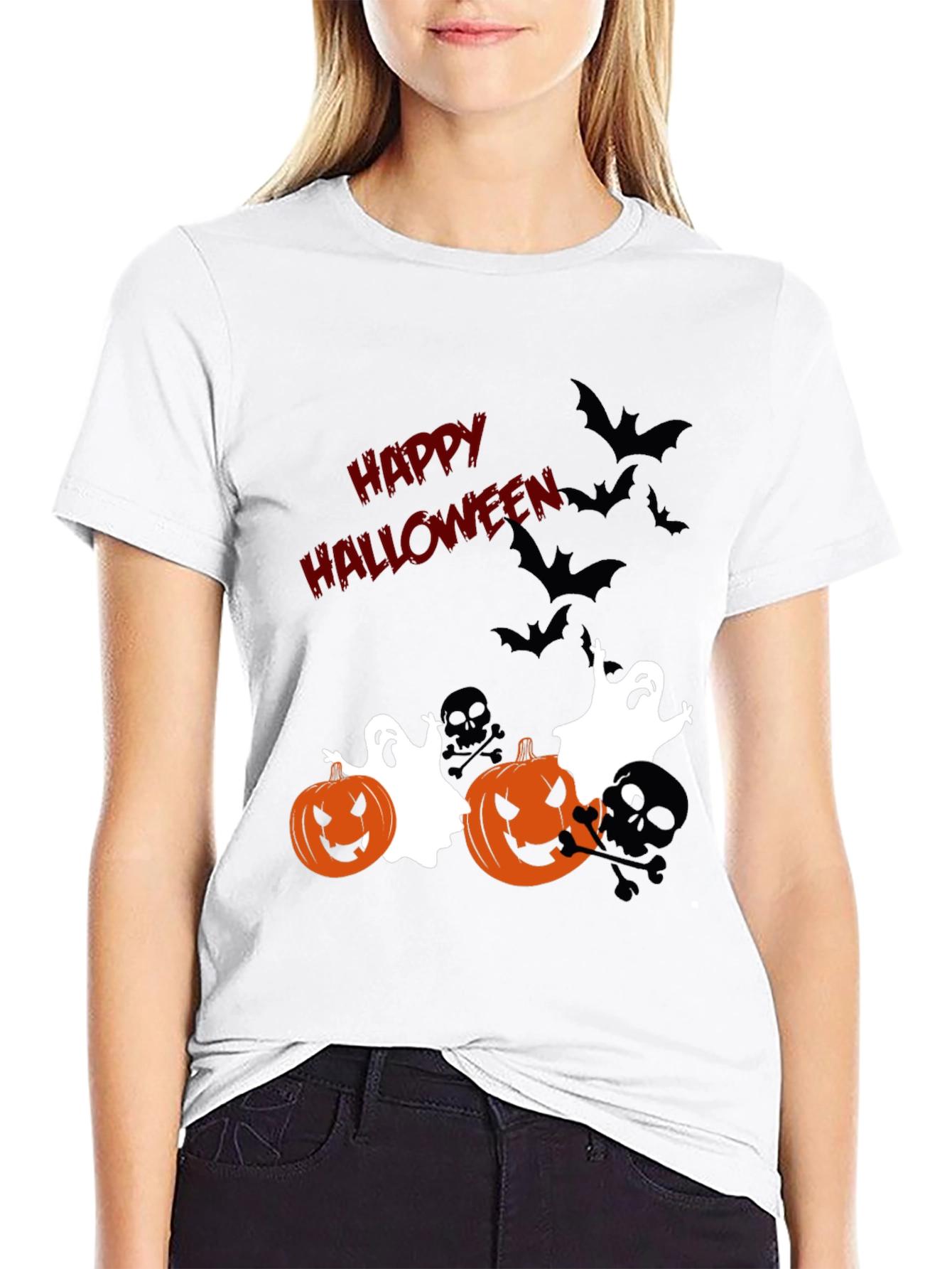 Halloween Graphic Tee: Pumpkins Ghosts Bats Scary Fun!