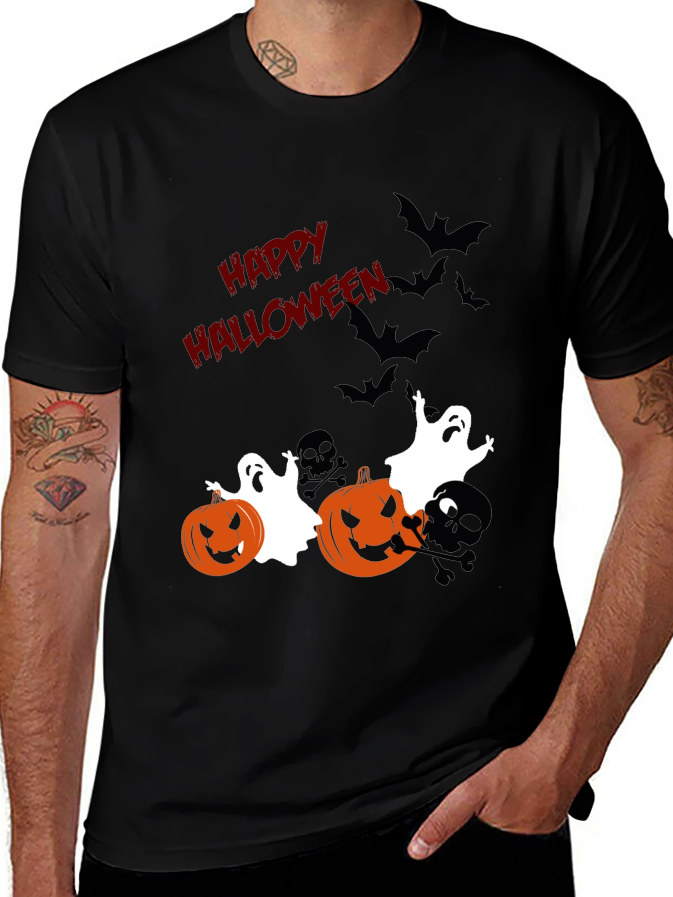 Halloween Graphic Tee: Pumpkins Ghosts Bats Scary Fun!
