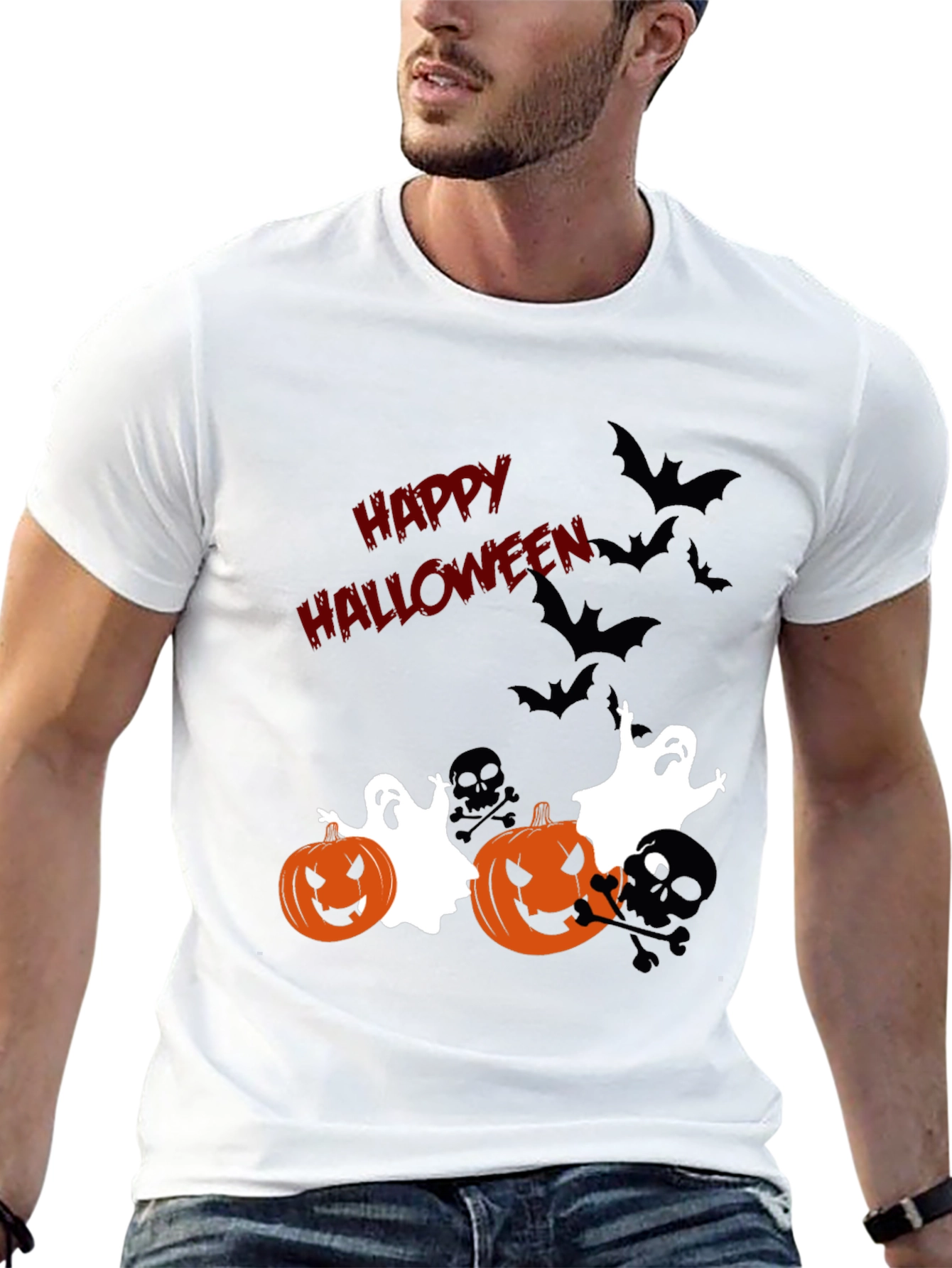 Halloween Graphic Tee: Pumpkins Ghosts Bats Scary Fun!