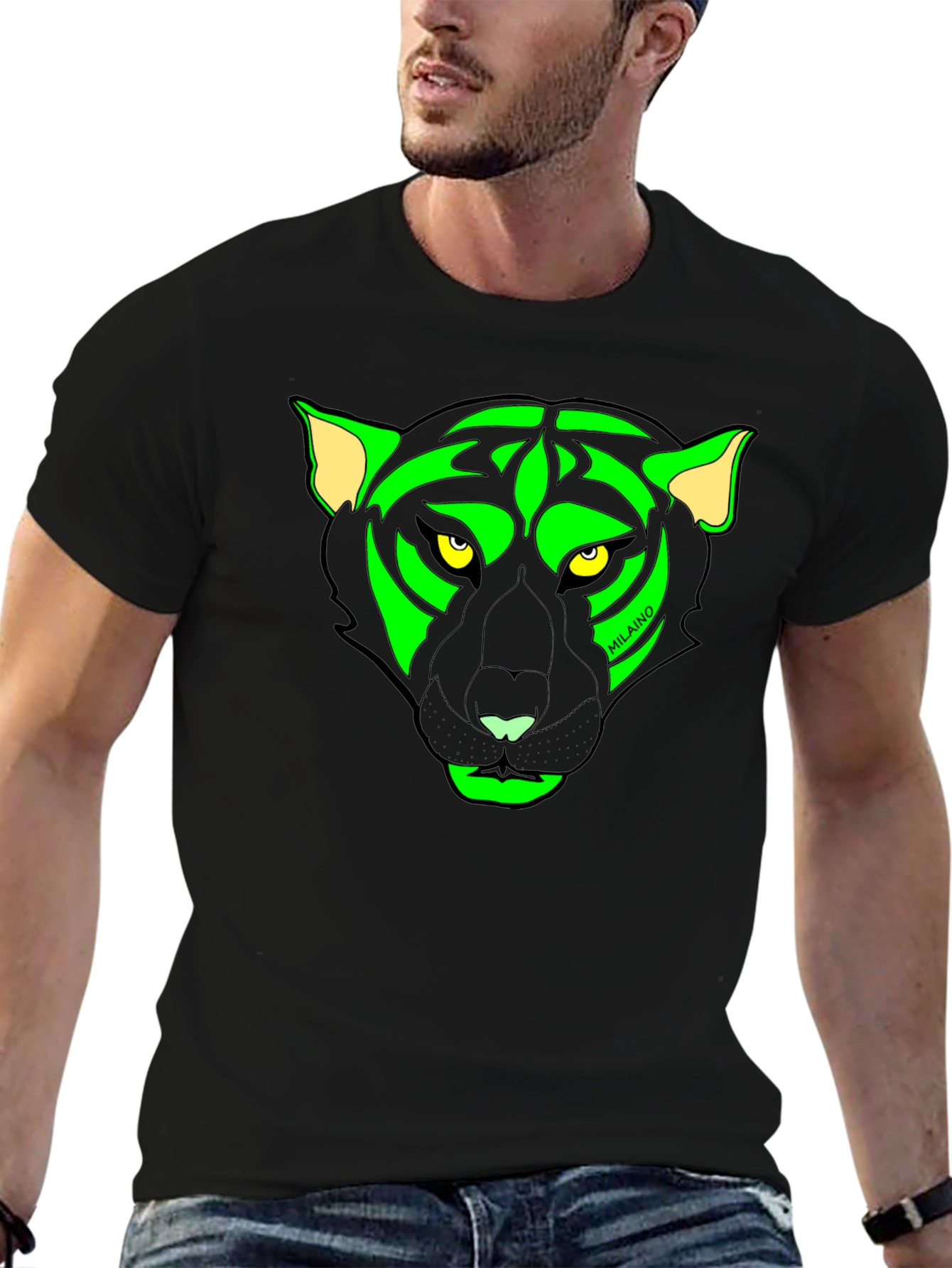 Black T-Shirt with Neon Panther Graphic