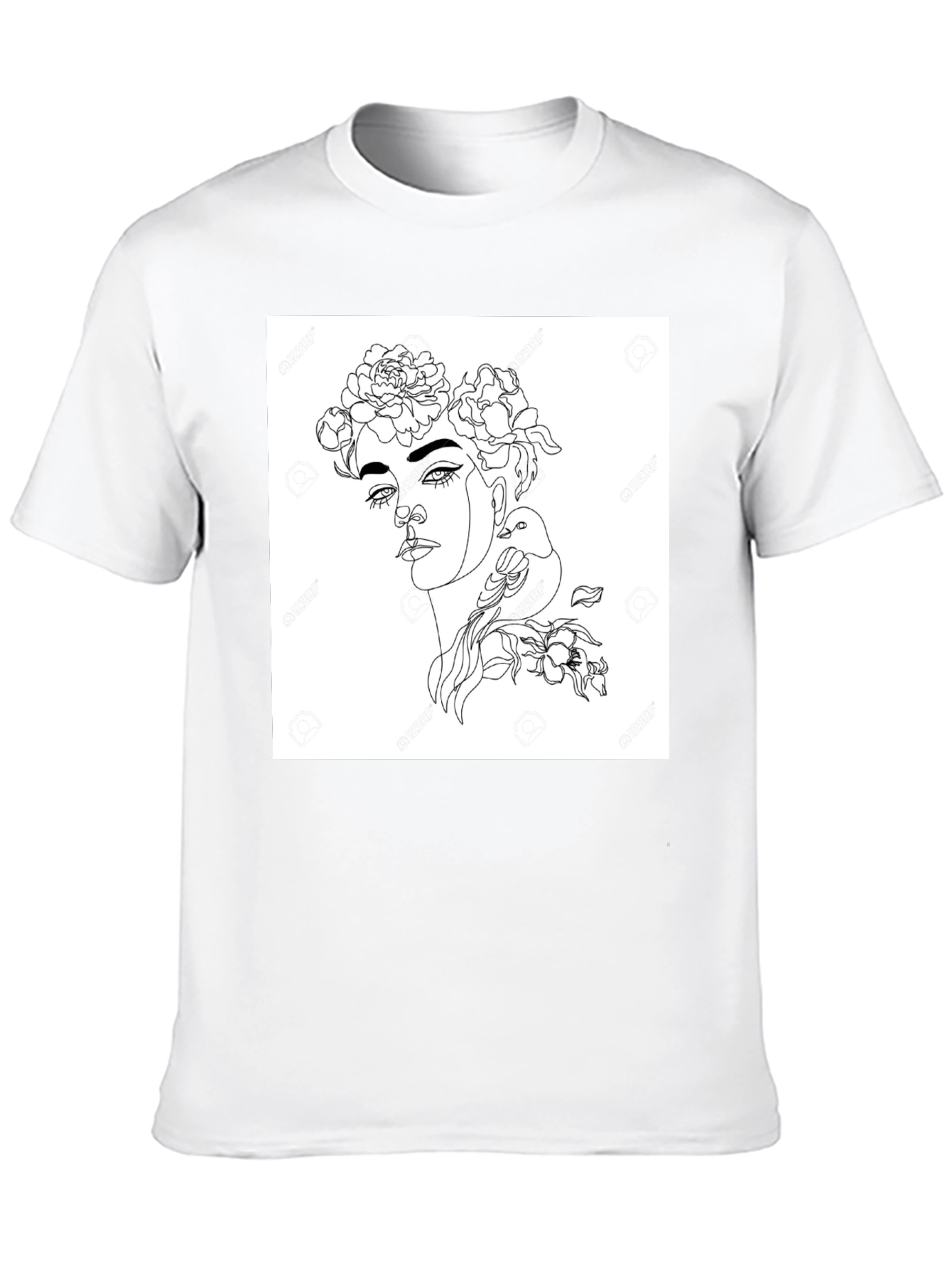 Black Graphic Tee - Woman with Flowers & Bird
