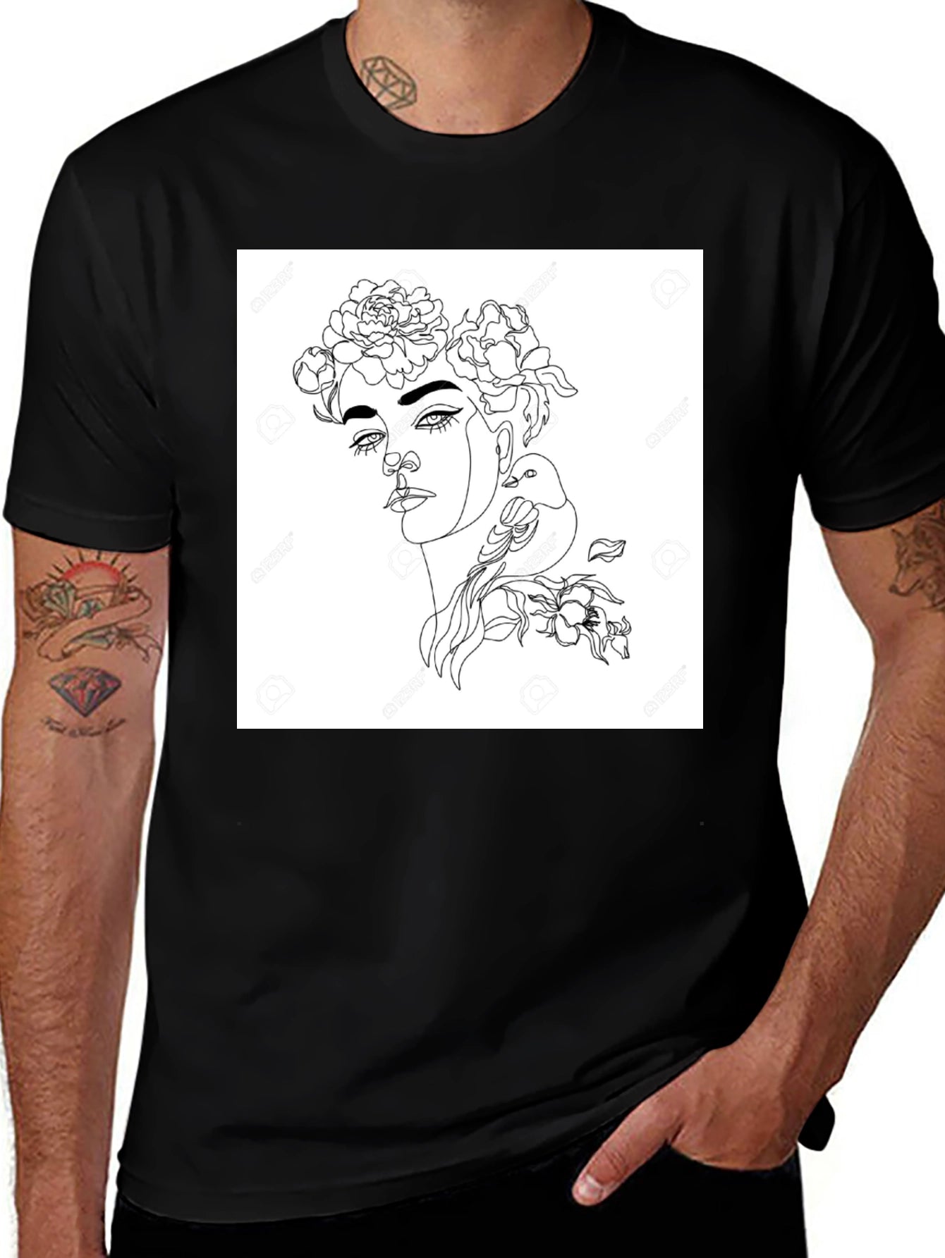 Black Graphic Tee - Woman with Flowers & Bird