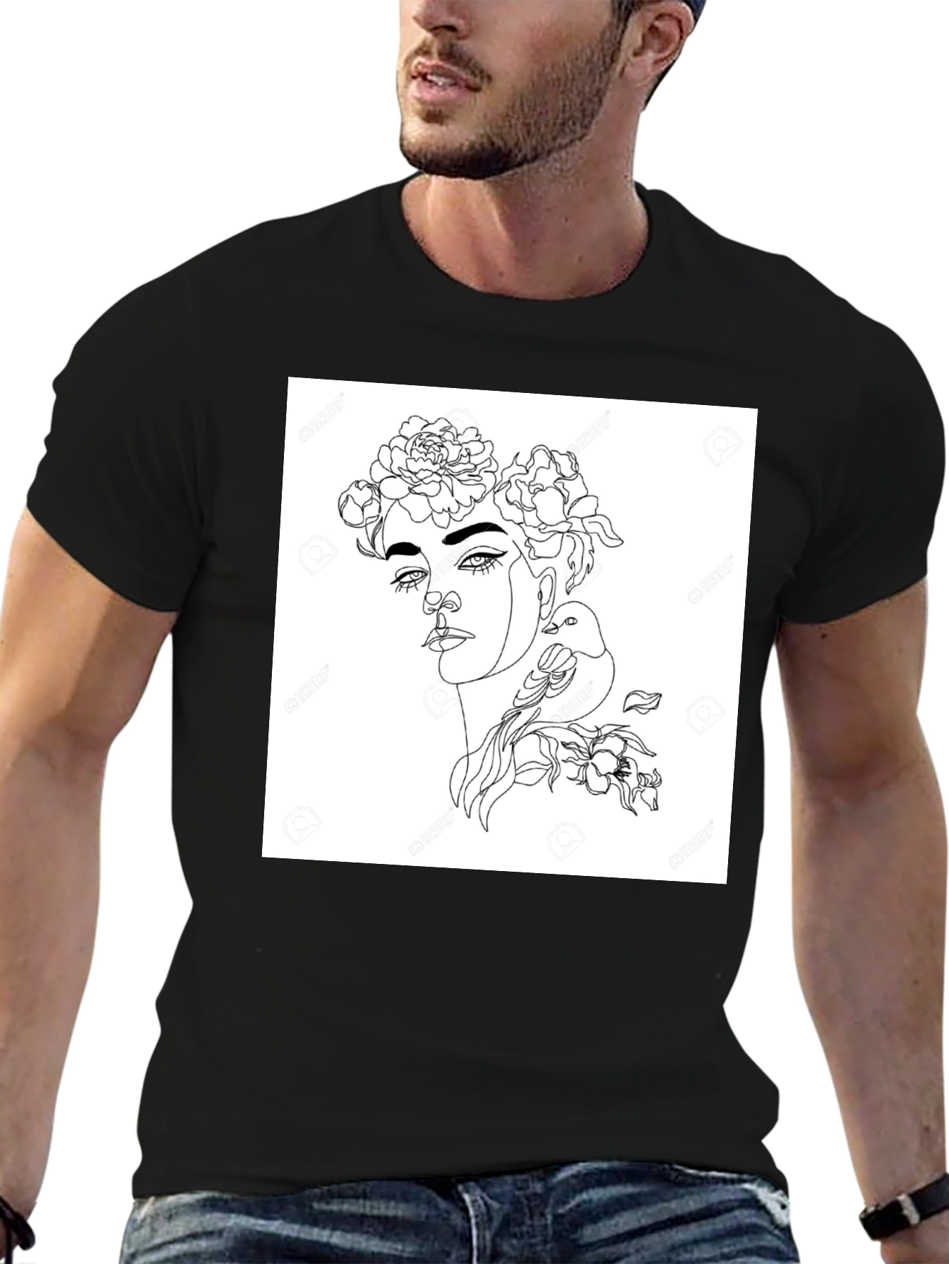 Black Graphic Tee - Woman with Flowers & Bird