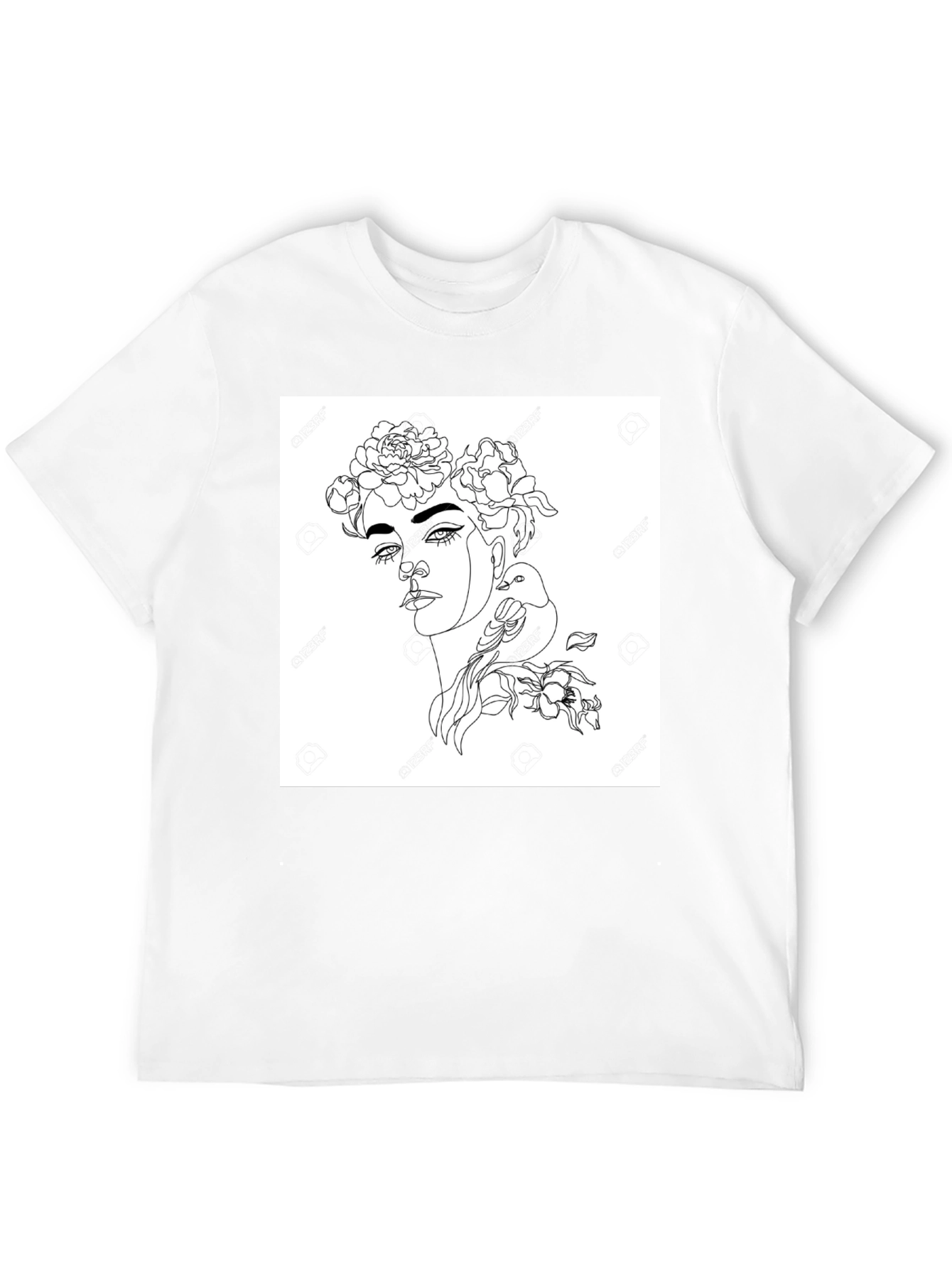 Black Graphic Tee - Woman with Flowers & Bird