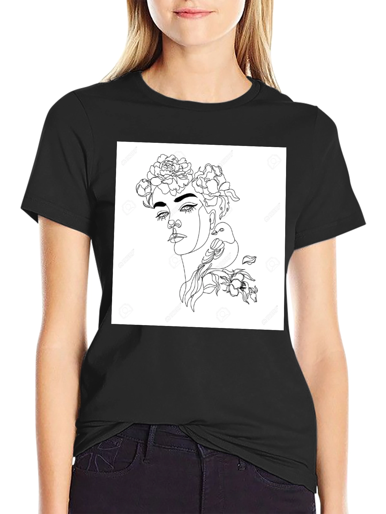 Black Graphic Tee - Woman with Flowers & Bird