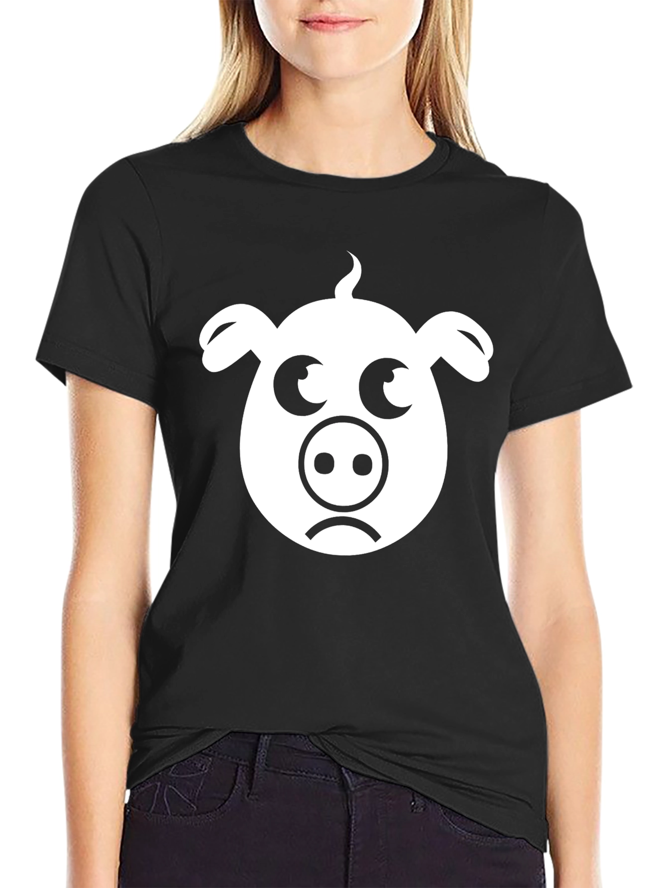 Sad Pig Face T-Shirt - Black Cotton Tee
