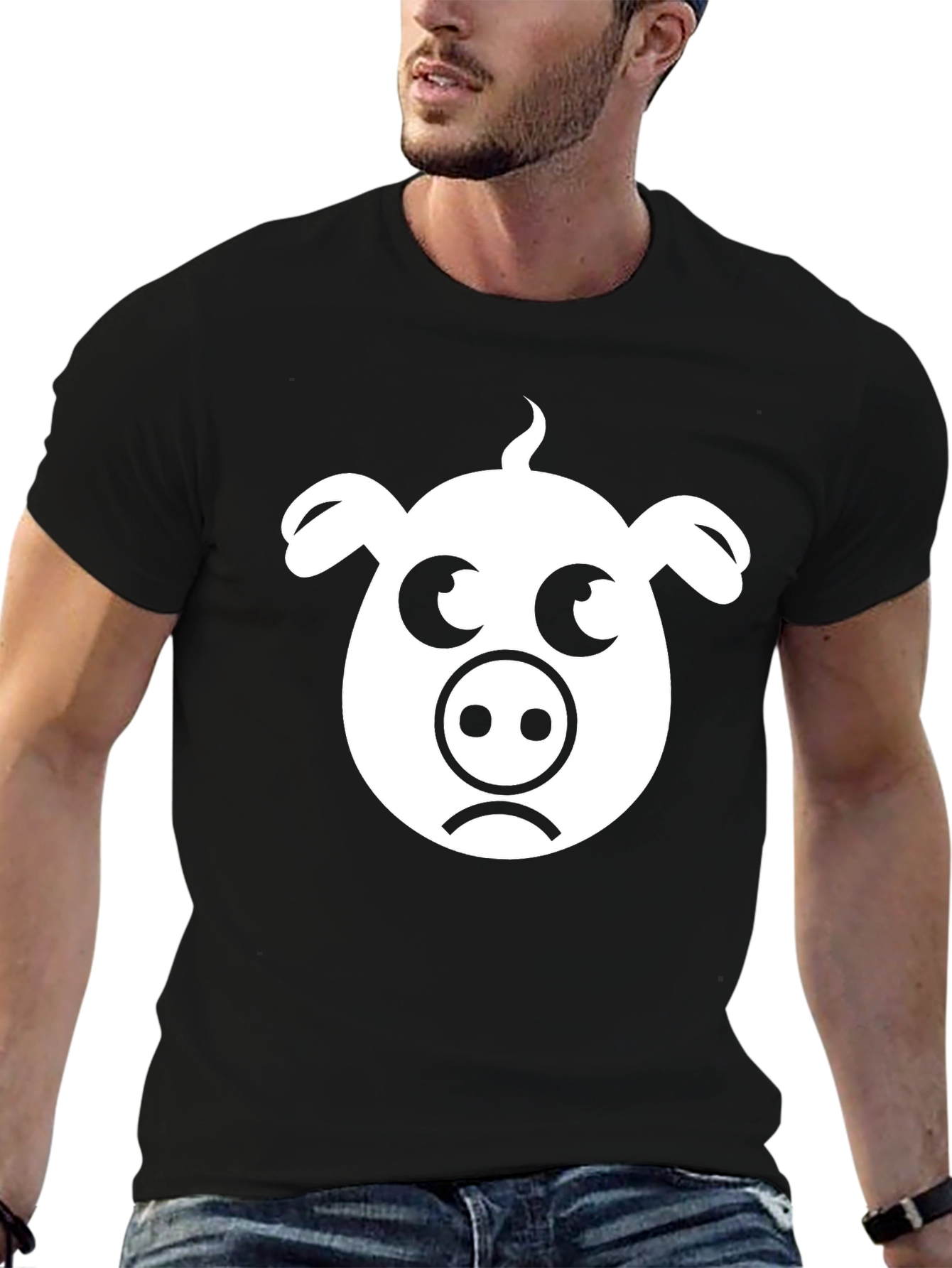 Sad Pig Face T-Shirt - Black Cotton Tee