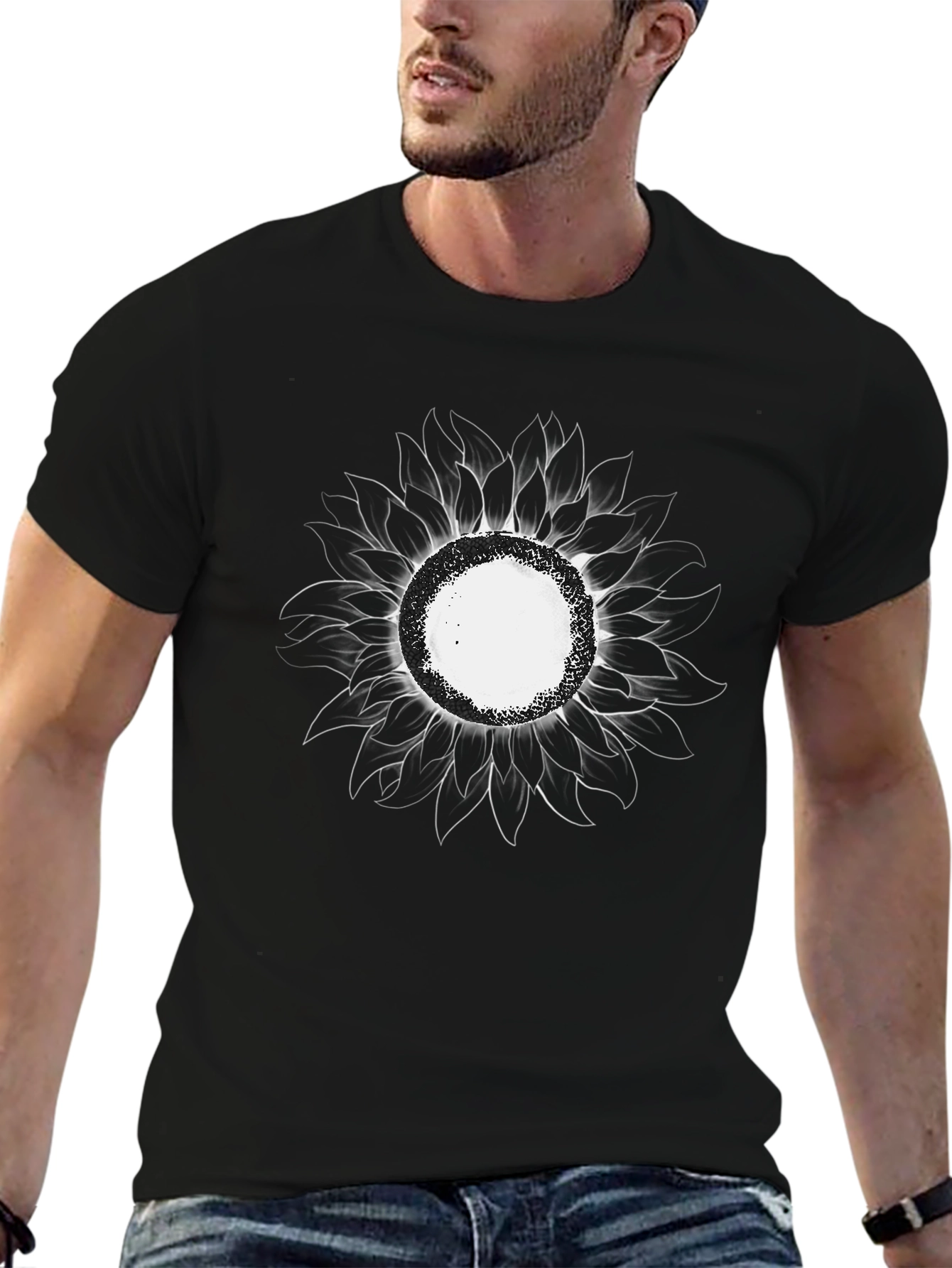 Mens Black Sunflower Graphic T-Shirt