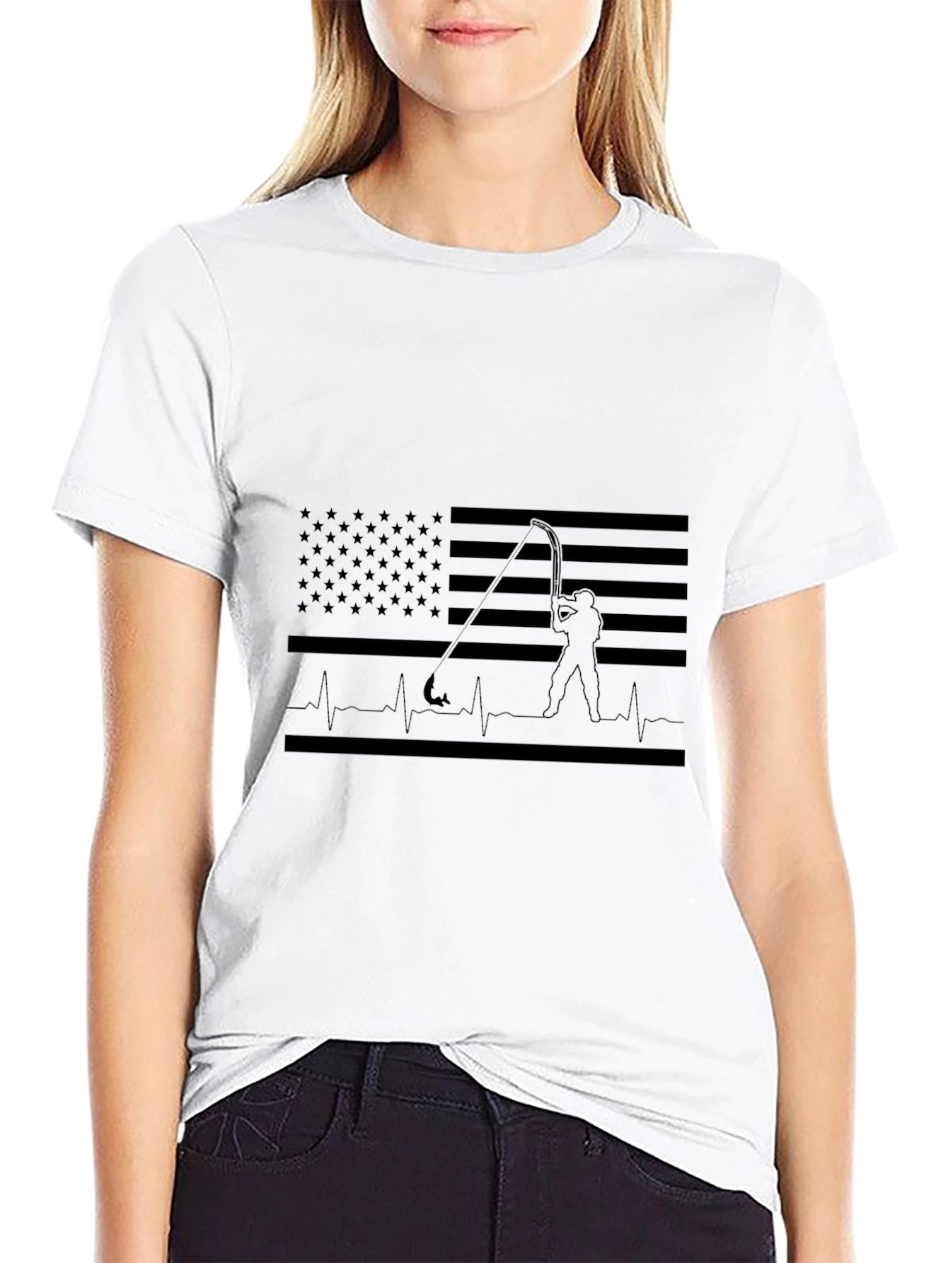 Fishing American Flag Heartbeat T-Shirt