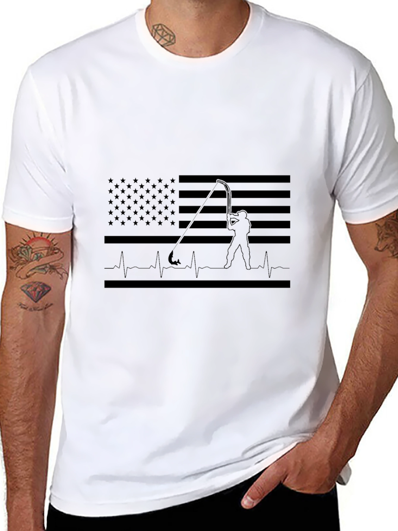 Fishing American Flag Heartbeat T-Shirt