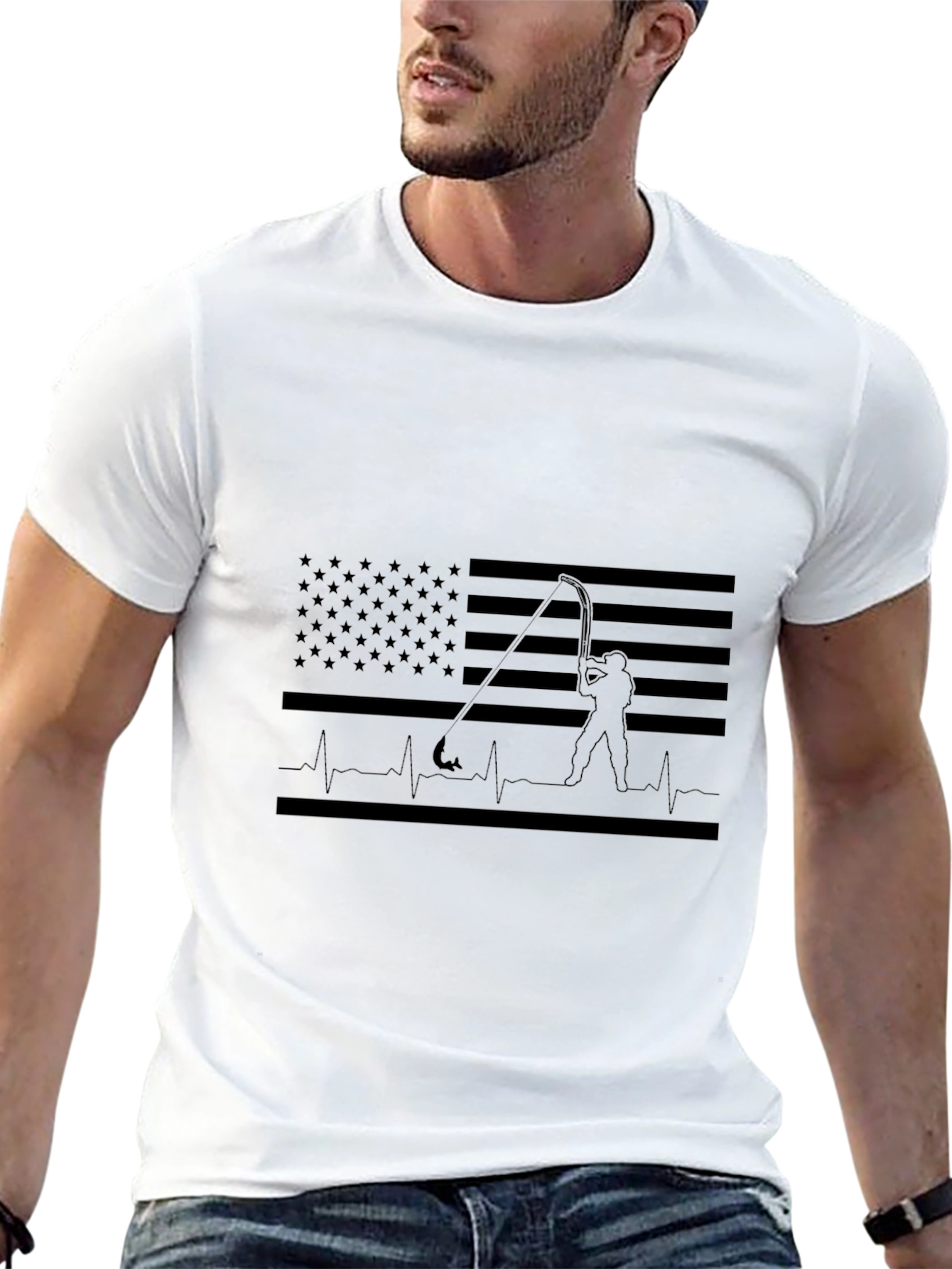 Fishing American Flag Heartbeat T-Shirt