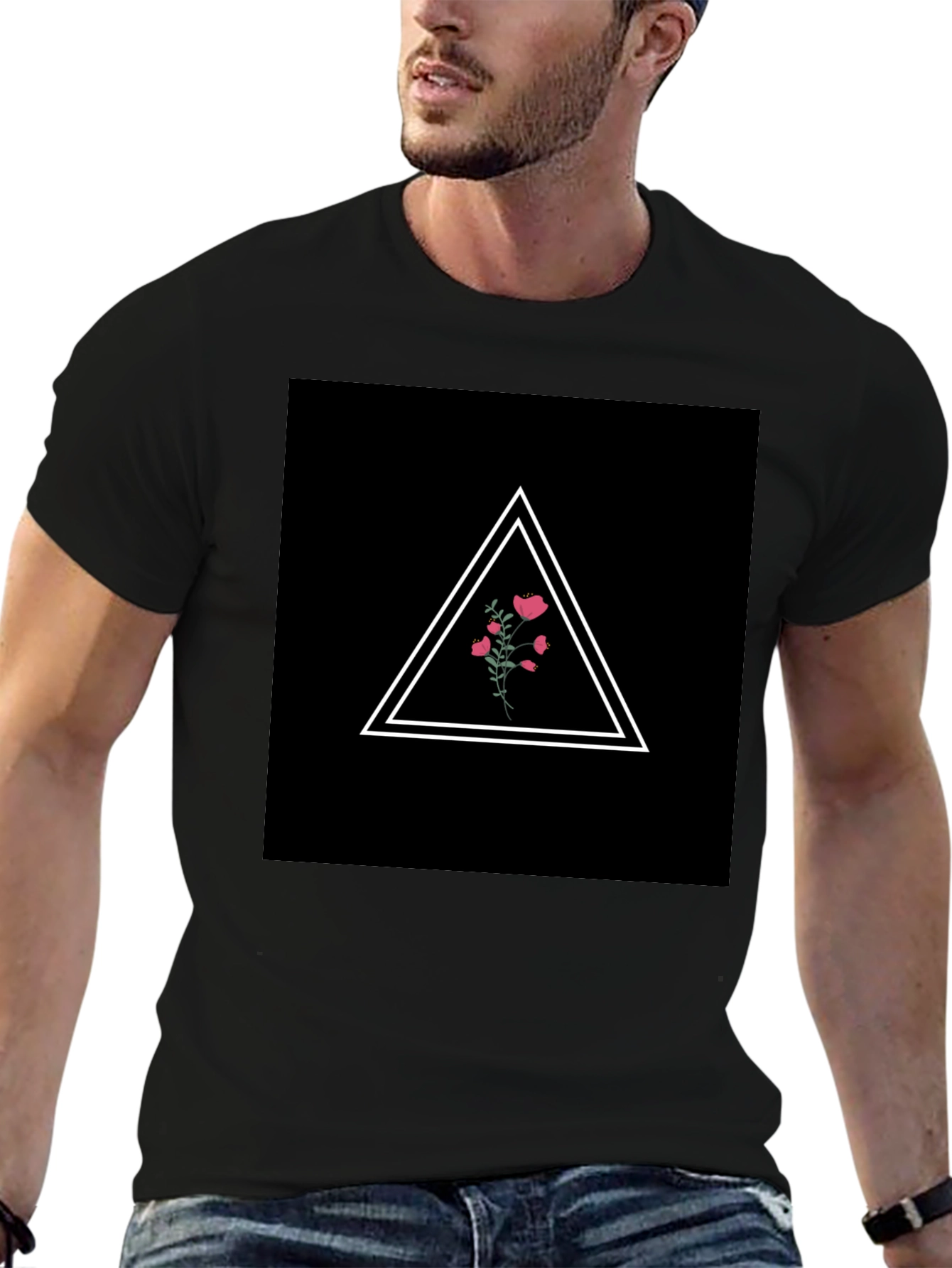 Minimalist Floral Triangle Black T-Shirt