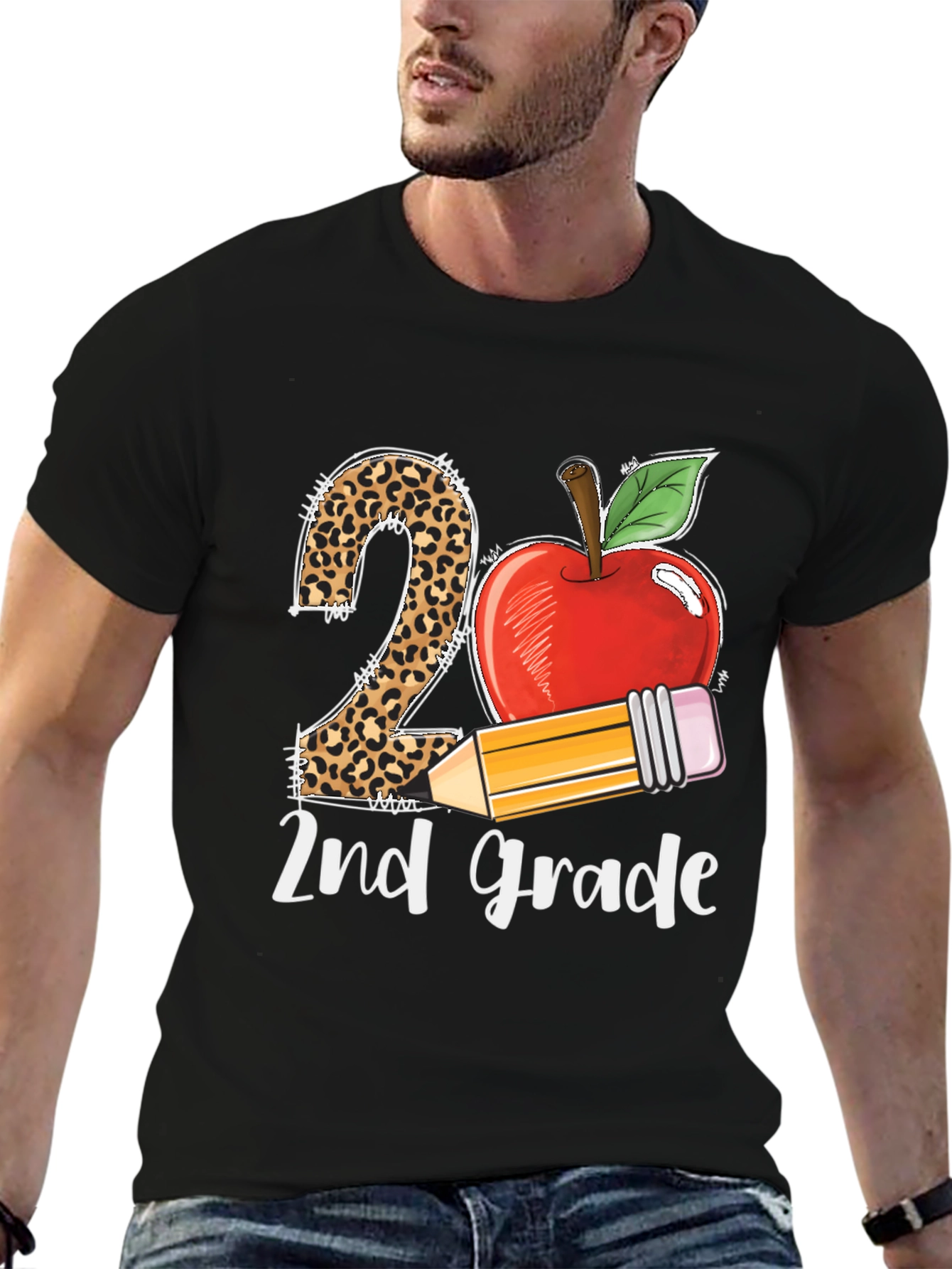 2nd Grade Teacher T-Shirt Apple Pencil Leopard Print