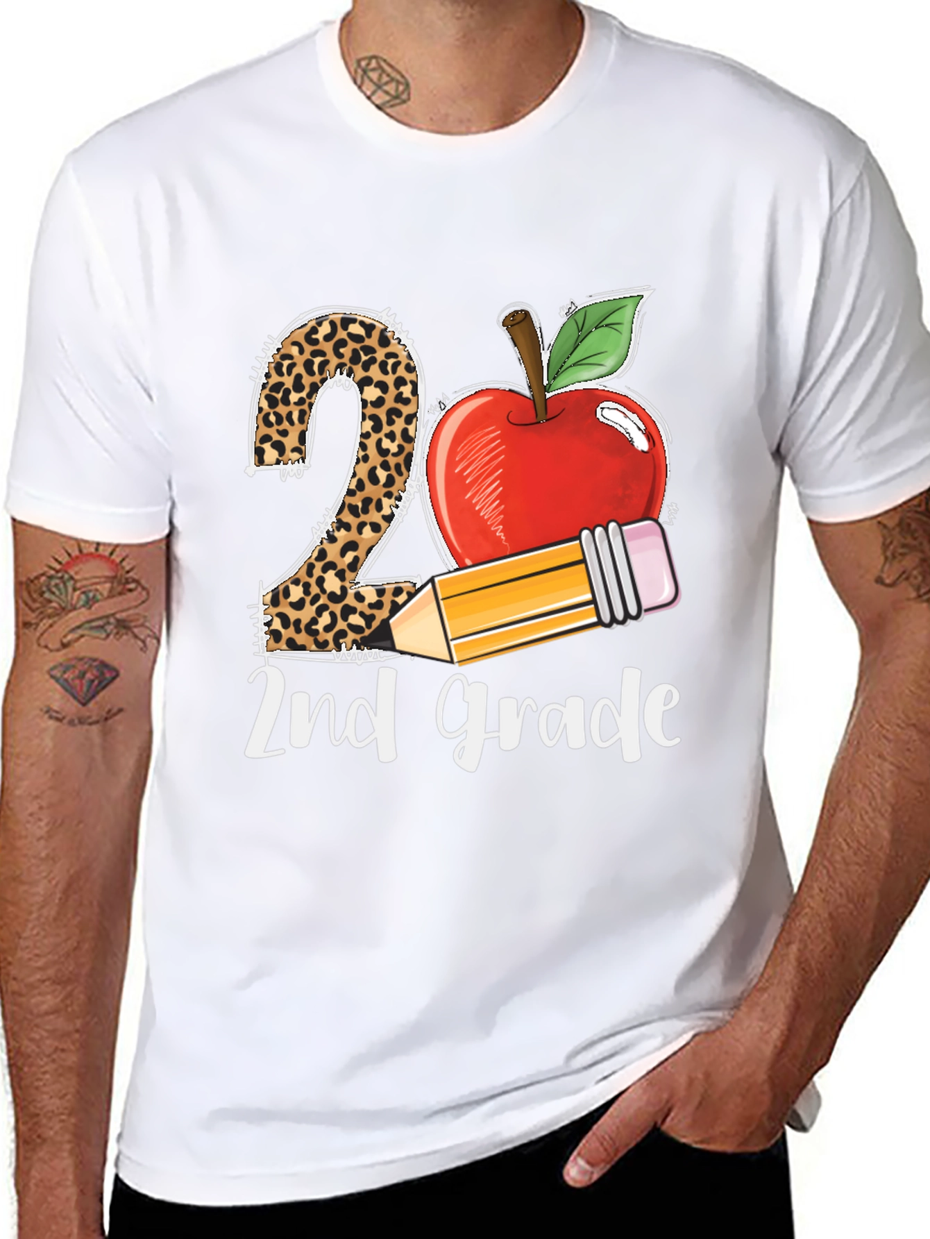 2nd Grade Teacher T-Shirt Apple Pencil Leopard Print