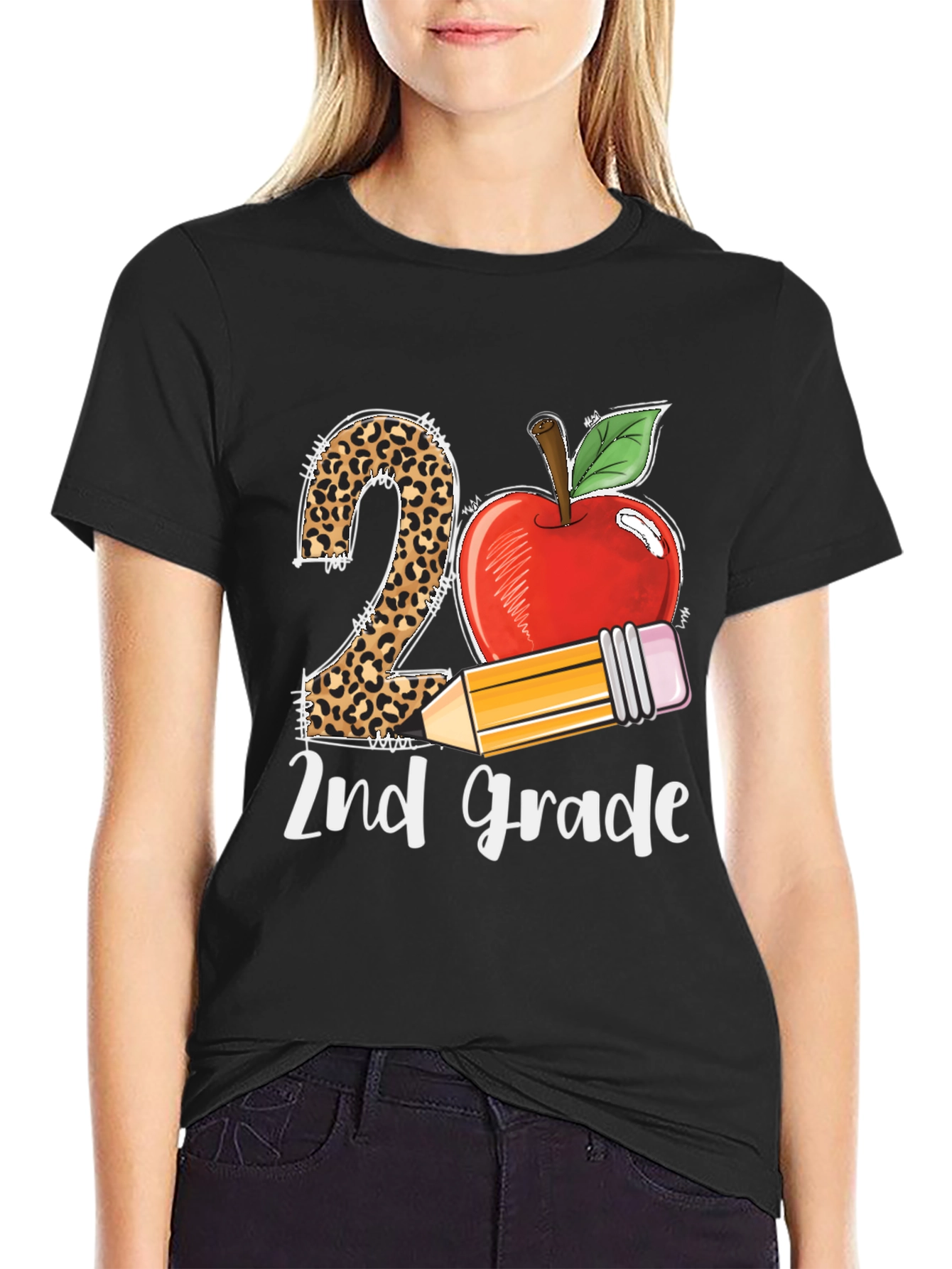 2nd Grade Teacher T-Shirt Apple Pencil Leopard Print